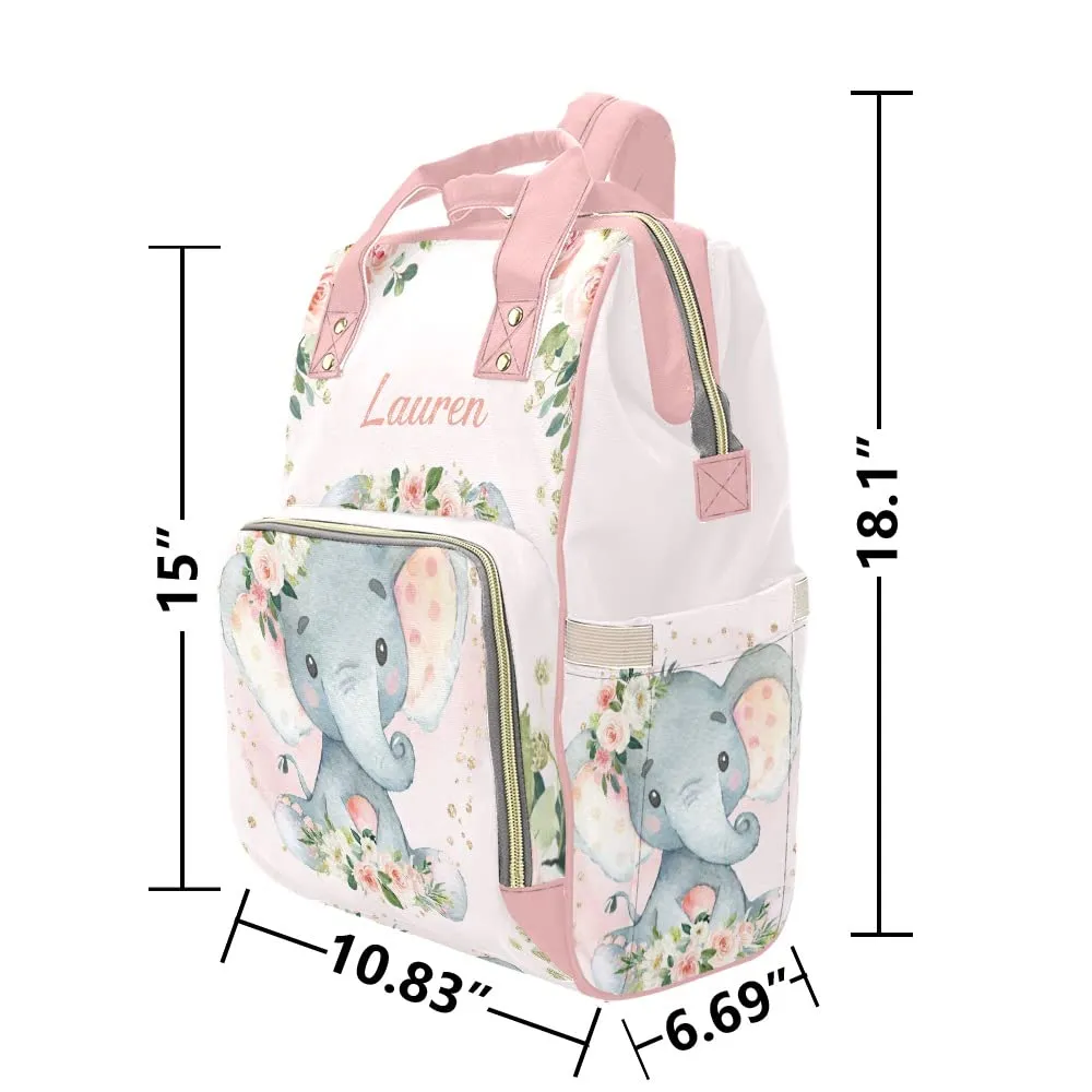 Watercolor Pink Floral Elephant Diaper Bags Backpack with Name Personalized Baby Bag Nursing Nappy Bag Travel Tote Bag Gifts