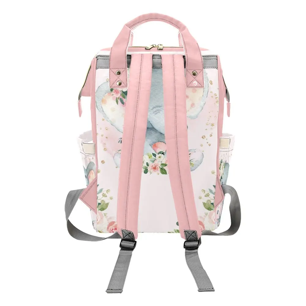 Watercolor Pink Floral Elephant Diaper Bags Backpack with Name Personalized Baby Bag Nursing Nappy Bag Travel Tote Bag Gifts