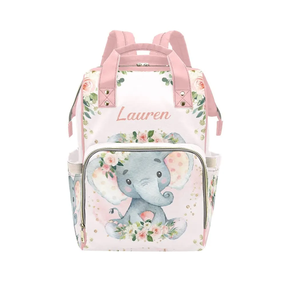 Watercolor Pink Floral Elephant Diaper Bags Backpack with Name Personalized Baby Bag Nursing Nappy Bag Travel Tote Bag Gifts
