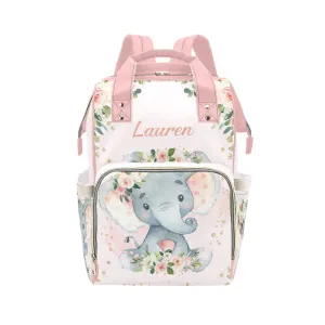 Watercolor Pink Floral Elephant Diaper Bags Backpack with Name Personalized Baby Bag Nursing Nappy Bag Travel Tote Bag Gifts