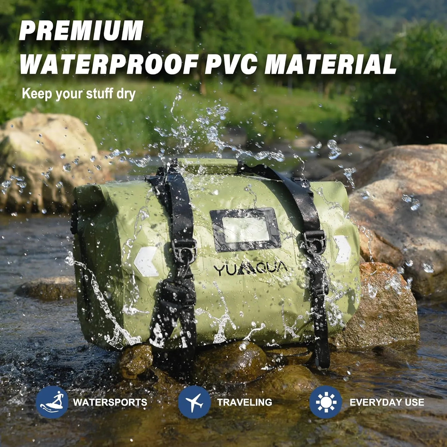Waterproof Duffel Bag, Large Duffle Bag for Travel Heavy Duty Dry Bag with Durable Strap & Handle for Outdoor Motorcycle Boating Rafting Kayaking Paddleboarding, 40L Capacity Army Green