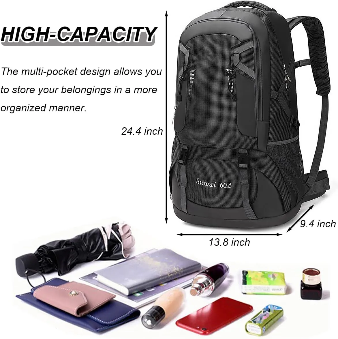 Waterproof Hiking Backpack, 60L Lightweight Outdoor Sport Daypack, Trekking Travel Backpacks for Men Women, Green
