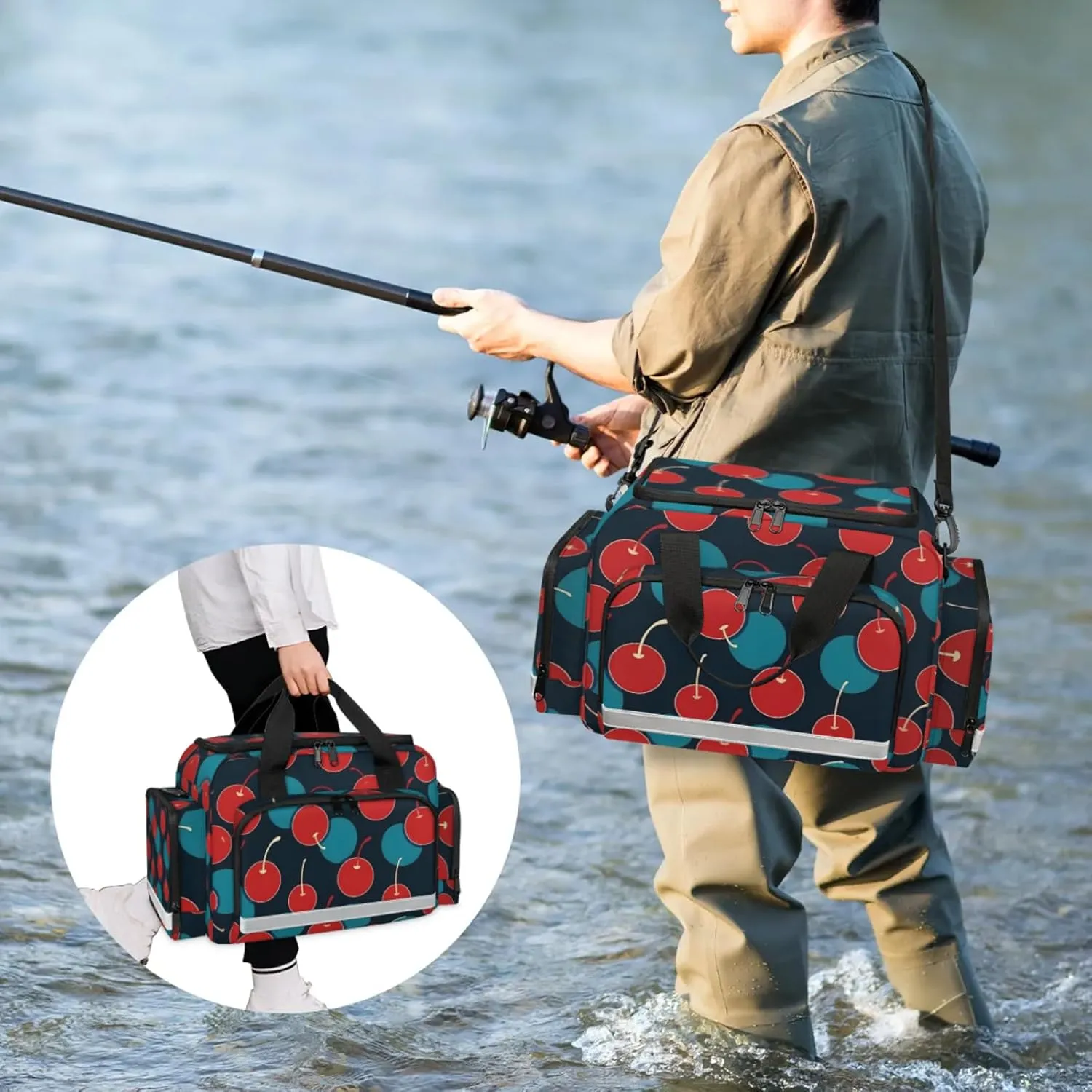 Waterproof Tactical Duffle Bag 25" Carry On Bag for EMT Tear-Resistant Gym Bag with Multi-Pocket & OSHA Reflective Travel Bags for Men Women Cherries Printed
