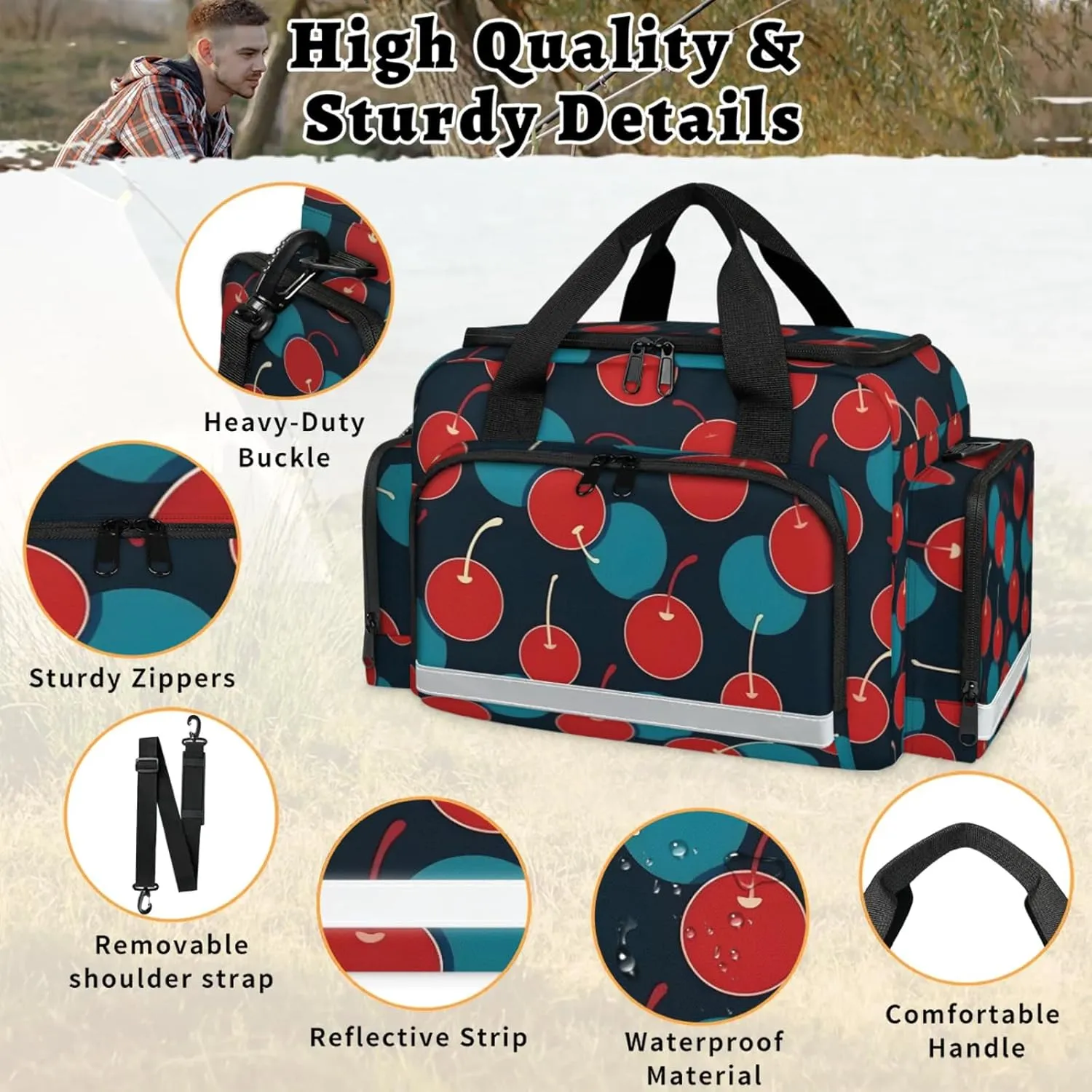 Waterproof Tactical Duffle Bag 25" Carry On Bag for EMT Tear-Resistant Gym Bag with Multi-Pocket & OSHA Reflective Travel Bags for Men Women Cherries Printed