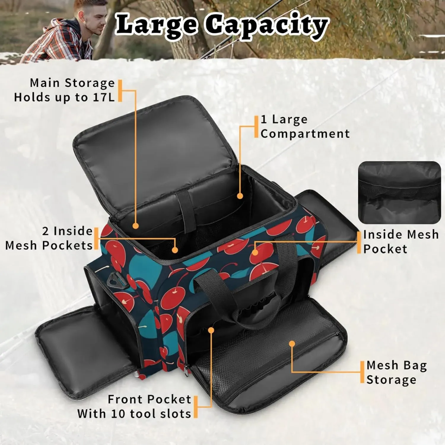 Waterproof Tactical Duffle Bag 25" Carry On Bag for EMT Tear-Resistant Gym Bag with Multi-Pocket & OSHA Reflective Travel Bags for Men Women Cherries Printed