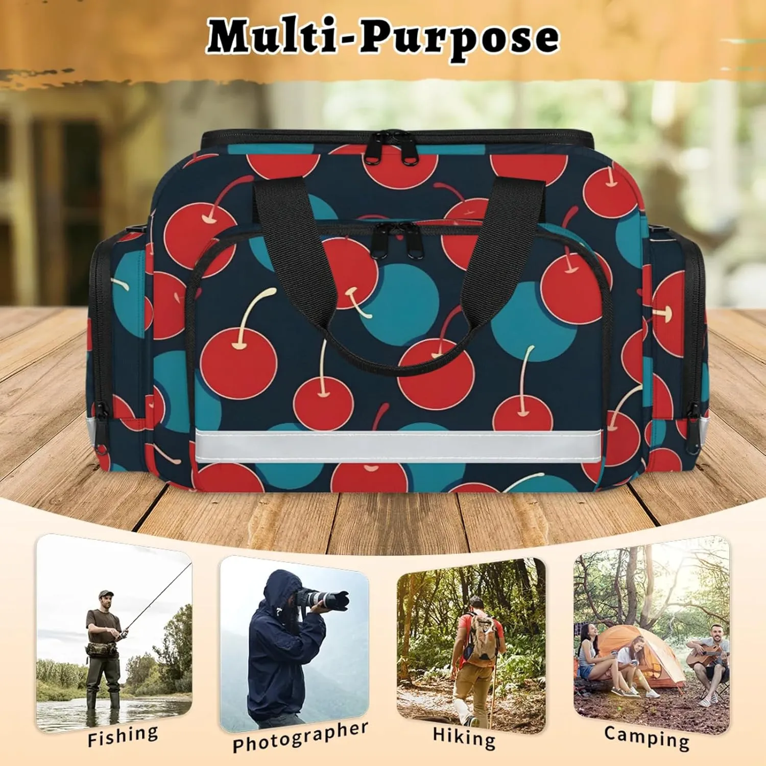 Waterproof Tactical Duffle Bag 25" Carry On Bag for EMT Tear-Resistant Gym Bag with Multi-Pocket & OSHA Reflective Travel Bags for Men Women Cherries Printed