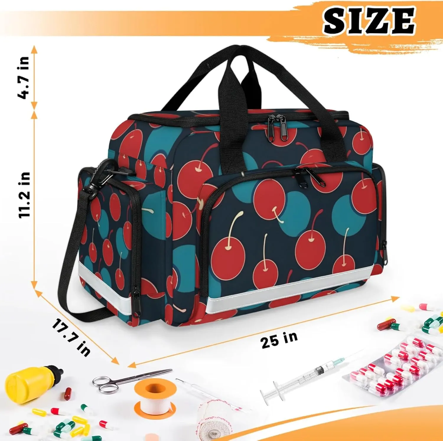 Waterproof Tactical Duffle Bag 25" Carry On Bag for EMT Tear-Resistant Gym Bag with Multi-Pocket & OSHA Reflective Travel Bags for Men Women Cherries Printed