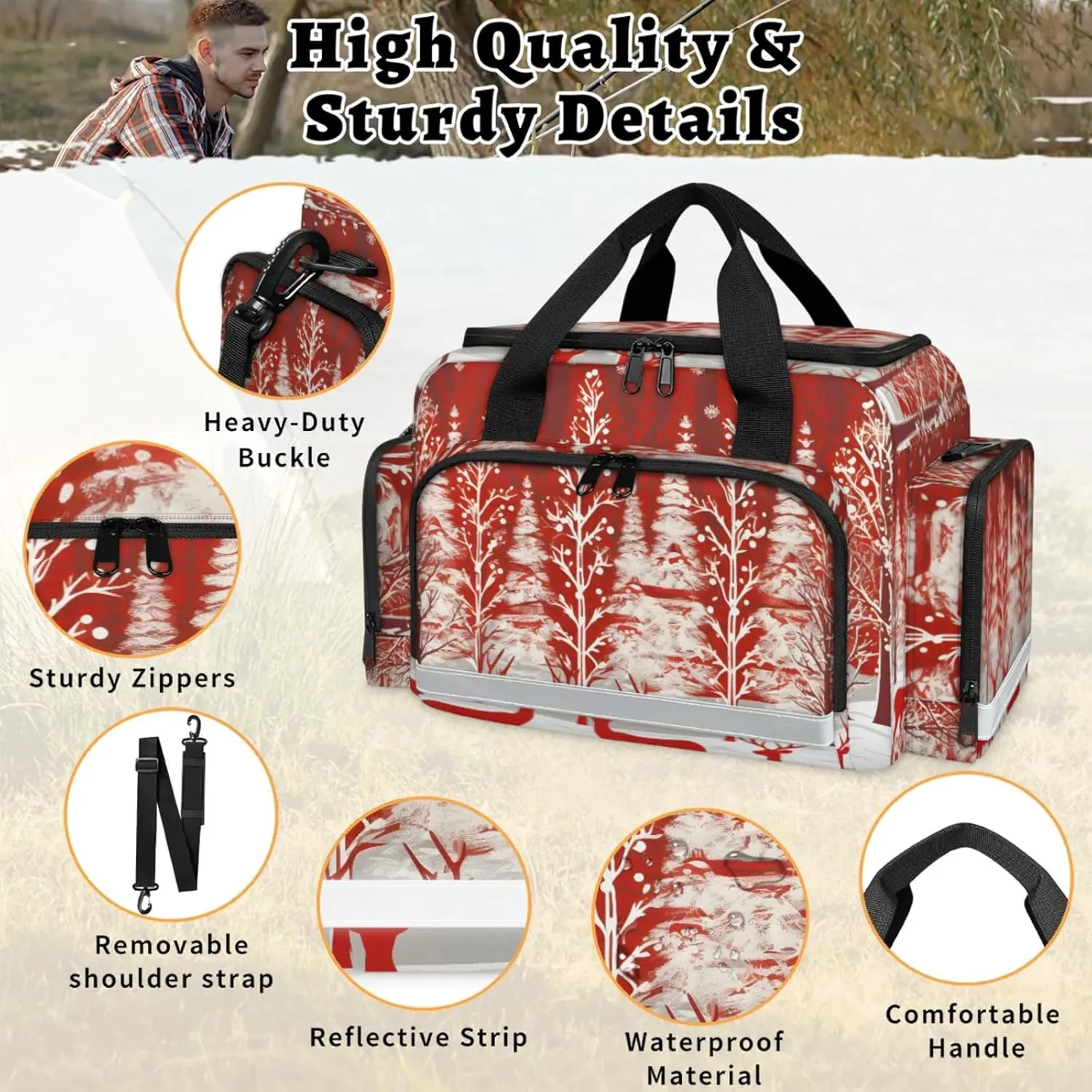 Waterproof Tactical Duffle Bag 25" Carry On Bag for EMT Tear-Resistant Gym Bag with Multi-Pocket & OSHA Reflective Travel Bags for Men Women Christmas Elk Tree