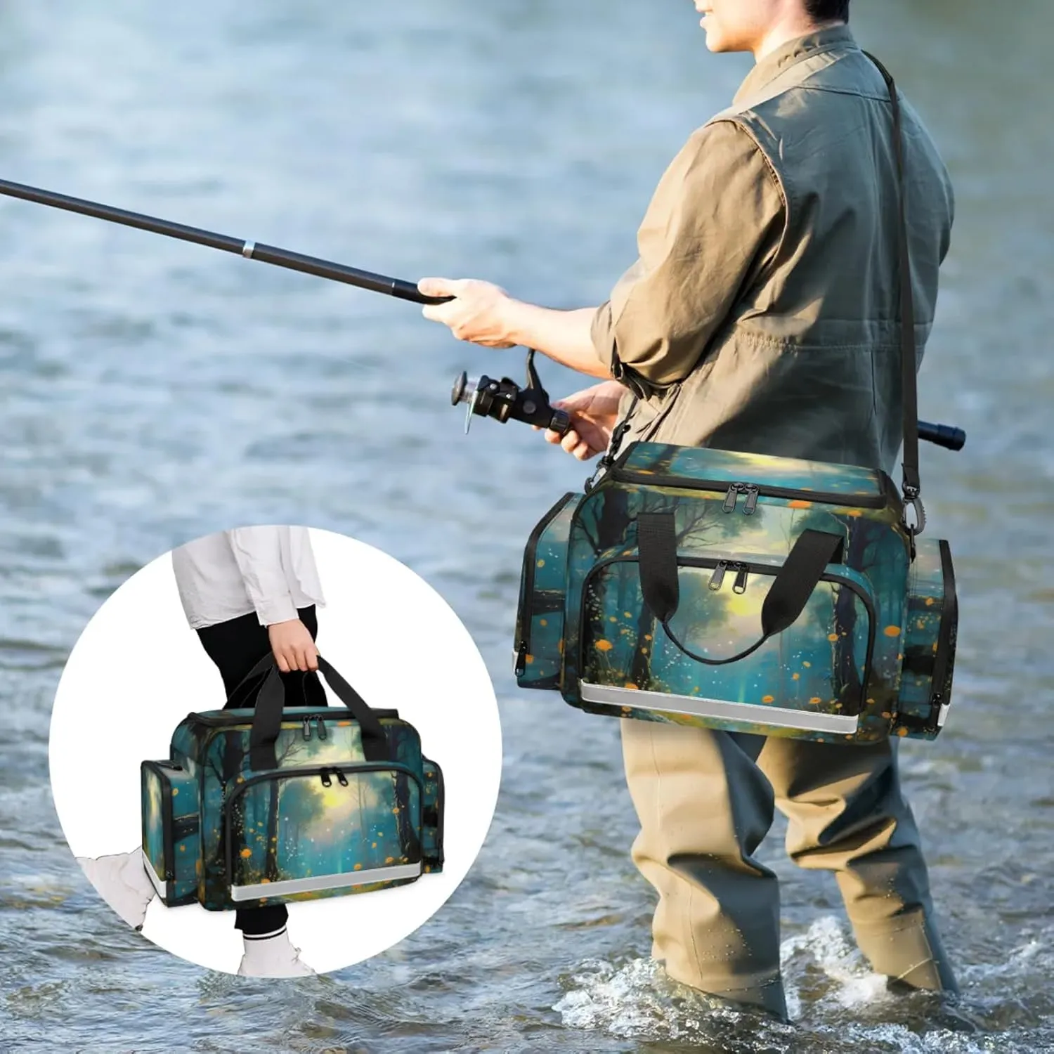 Waterproof Tactical Duffle Bag 25" Carry On Bag for EMT Tear-Resistant Gym Bag with Multi-Pocket & OSHA Reflective Travel Bags for Men Women Forest Oil Painting