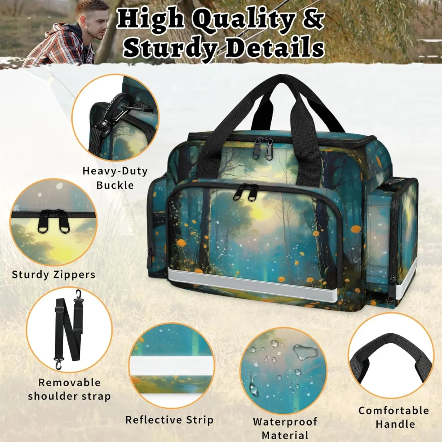 Waterproof Tactical Duffle Bag 25" Carry On Bag for EMT Tear-Resistant Gym Bag with Multi-Pocket & OSHA Reflective Travel Bags for Men Women Forest Oil Painting