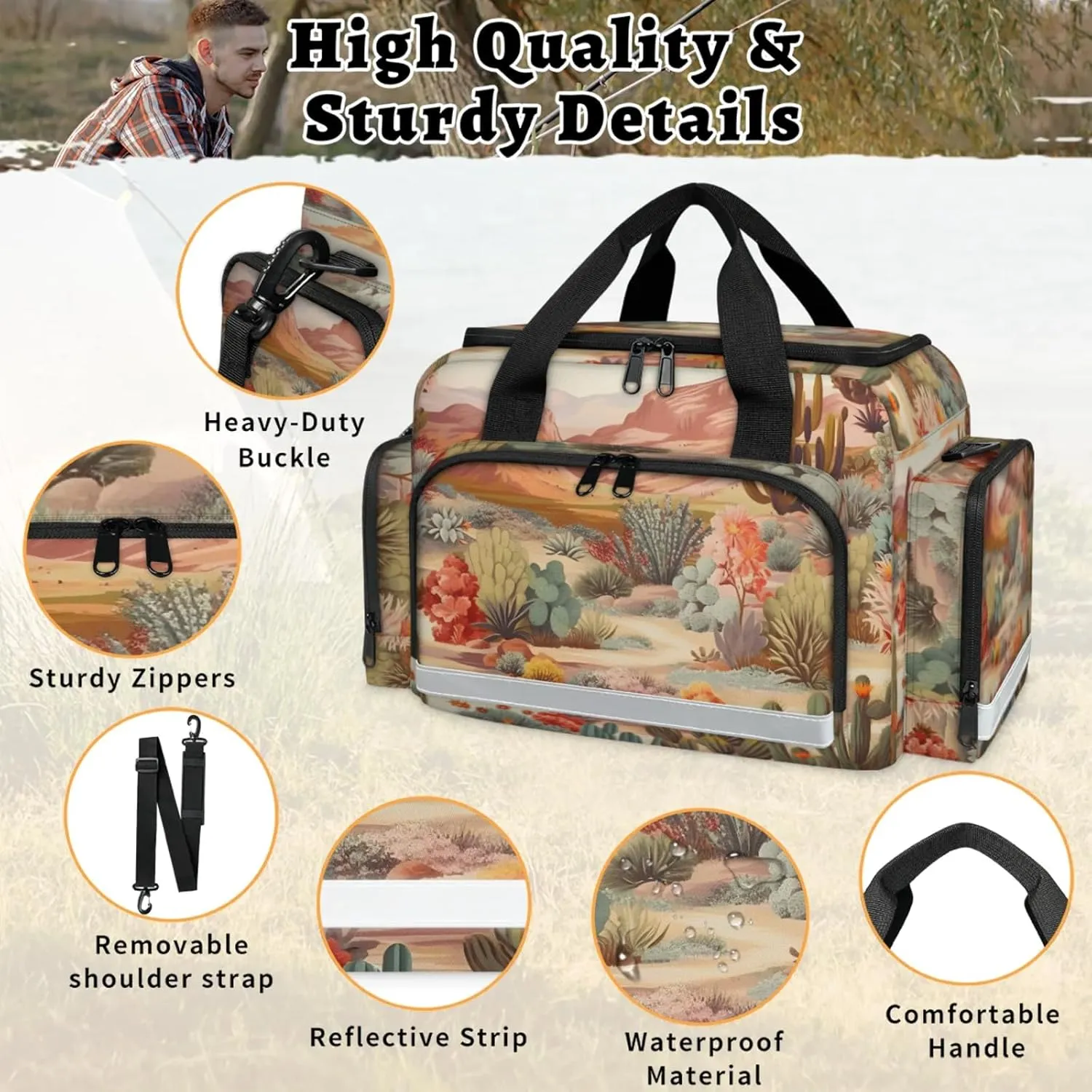 Waterproof Tactical Duffle Bag 25" Carry On Bag for EMT Tear-Resistant Gym Bag with Multi-Pocket & OSHA Reflective Travel Bags for Men Women Landscape Cactus