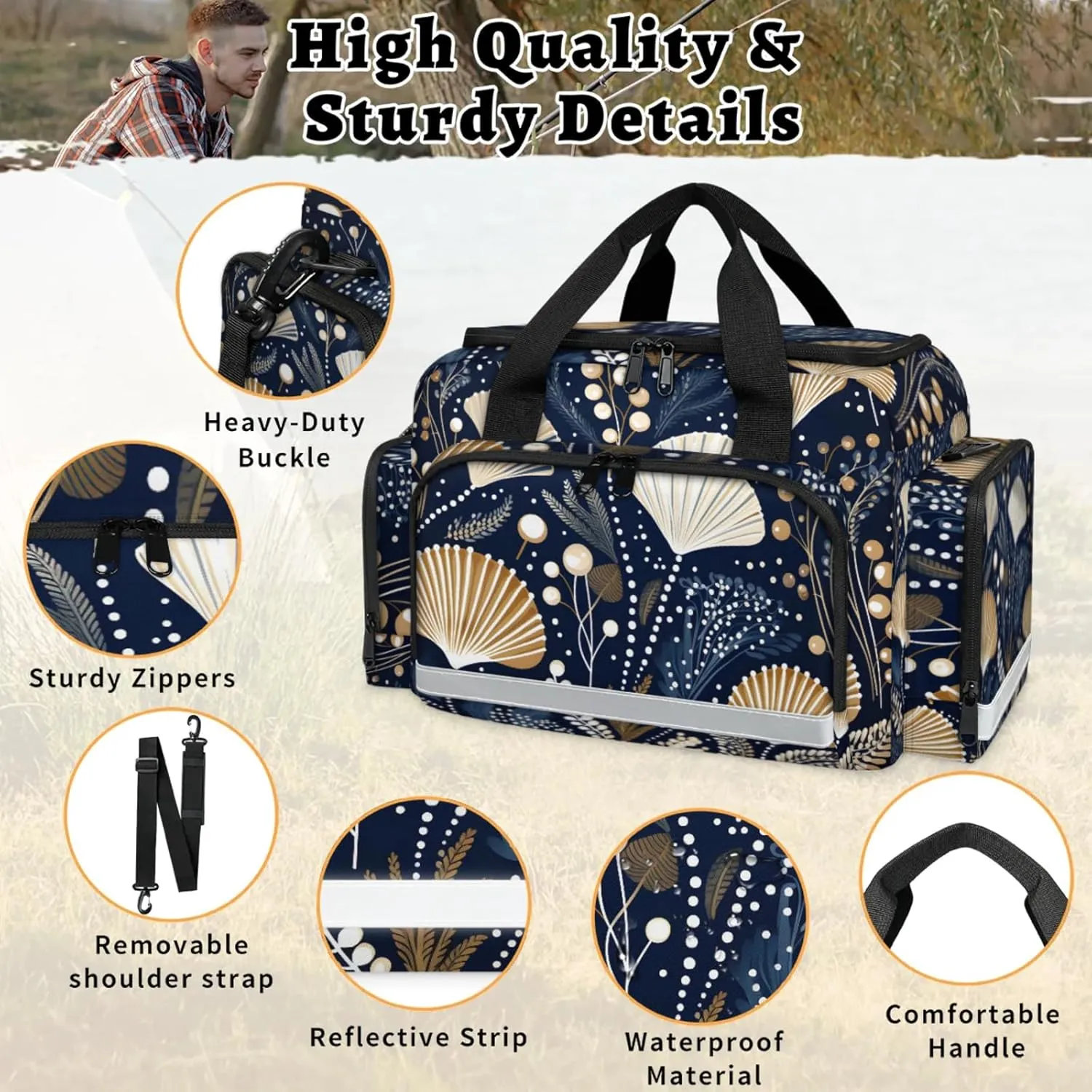 Waterproof Tactical Duffle Bag 25" Carry On Bag for EMT Tear-Resistant Gym Bag with Multi-Pocket & OSHA Reflective Travel Bags for Men Women Sea Shell Seaweed