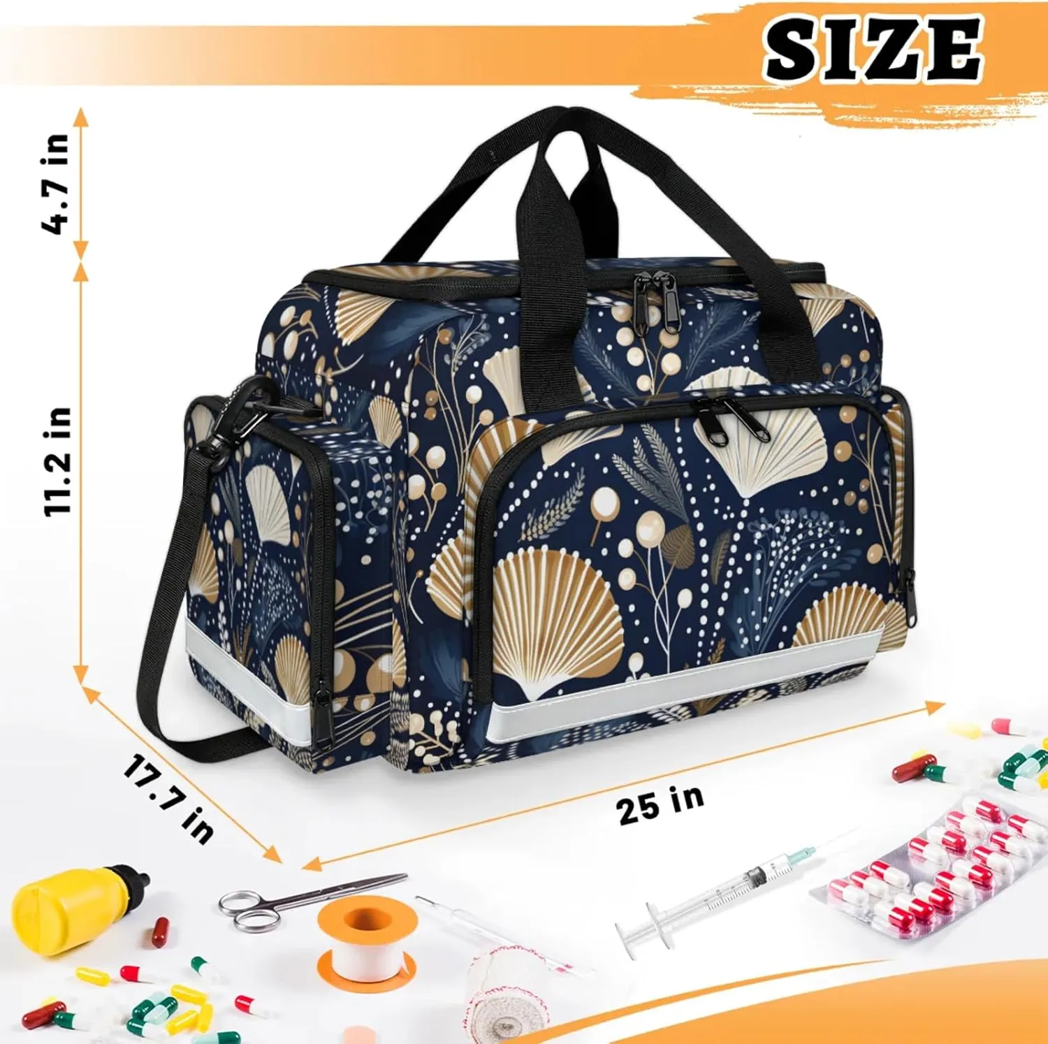 Waterproof Tactical Duffle Bag 25" Carry On Bag for EMT Tear-Resistant Gym Bag with Multi-Pocket & OSHA Reflective Travel Bags for Men Women Sea Shell Seaweed