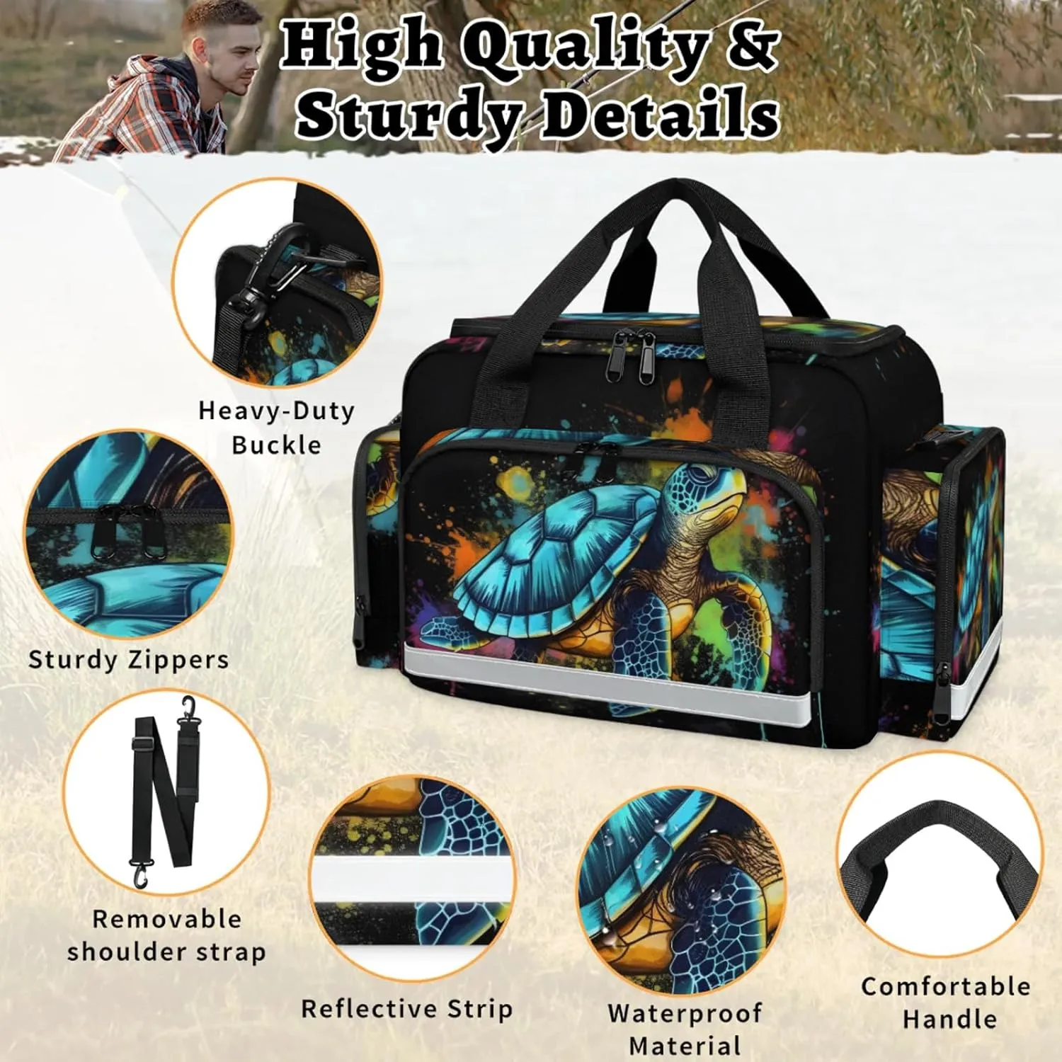 Waterproof Tactical Duffle Bag 25" Carry On Bag for EMT Tear-Resistant Gym Bag with Multi-Pocket & OSHA Reflective Travel Bags for Men Women Sea Turtle Print