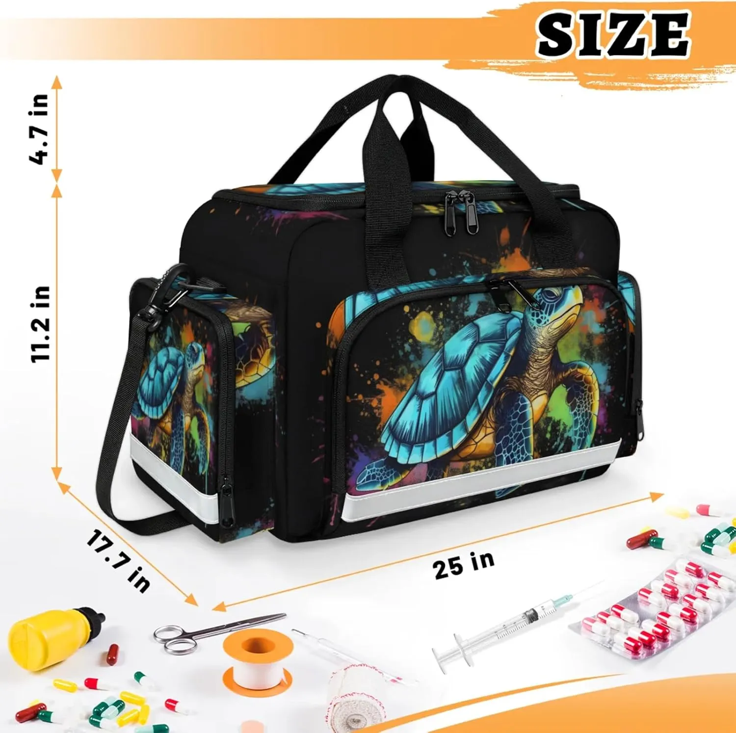 Waterproof Tactical Duffle Bag 25" Carry On Bag for EMT Tear-Resistant Gym Bag with Multi-Pocket & OSHA Reflective Travel Bags for Men Women Sea Turtle Print