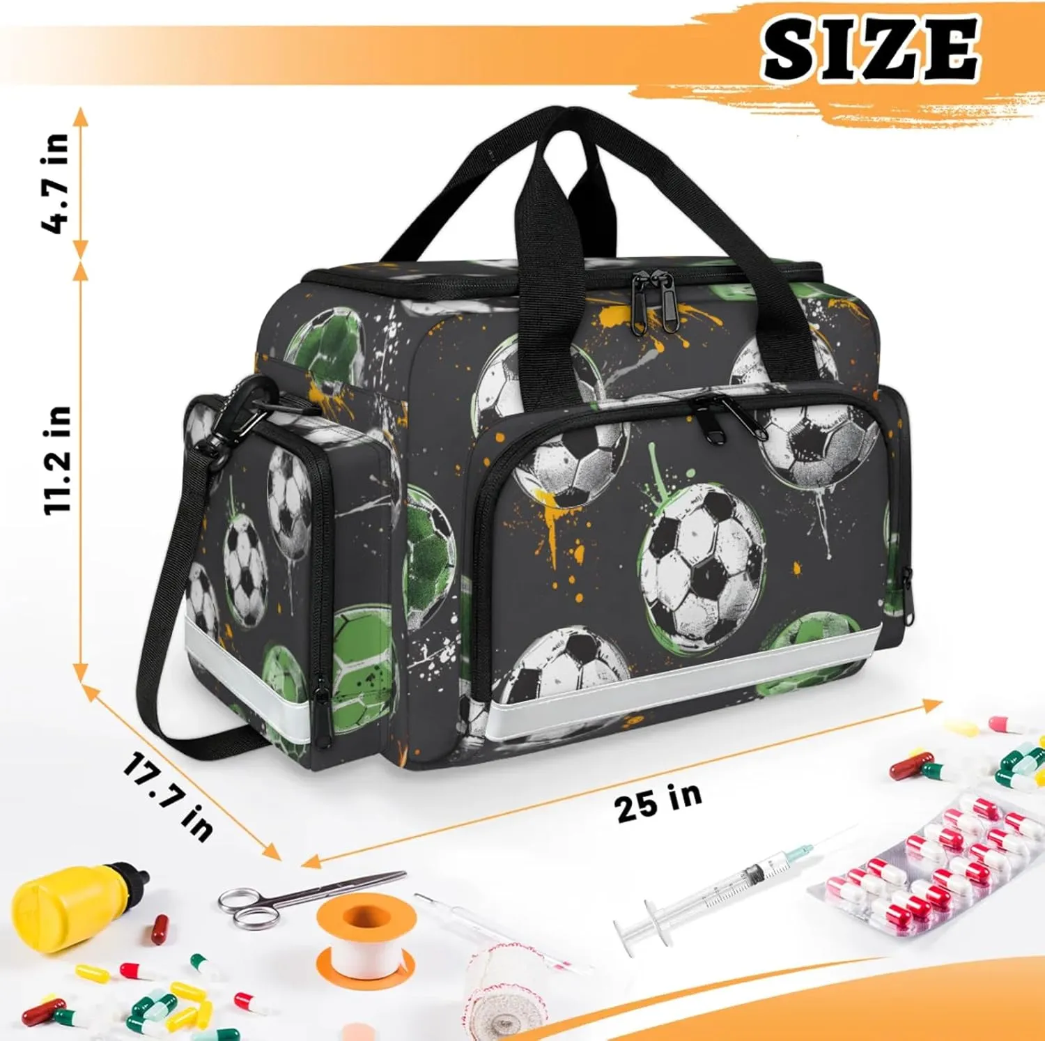 Waterproof Tactical Duffle Bag 25" Carry On Bag for EMT Tear-Resistant Gym Bag with Multi-Pocket & OSHA Reflective Travel Bags for Men Women Soccer Sport Theme