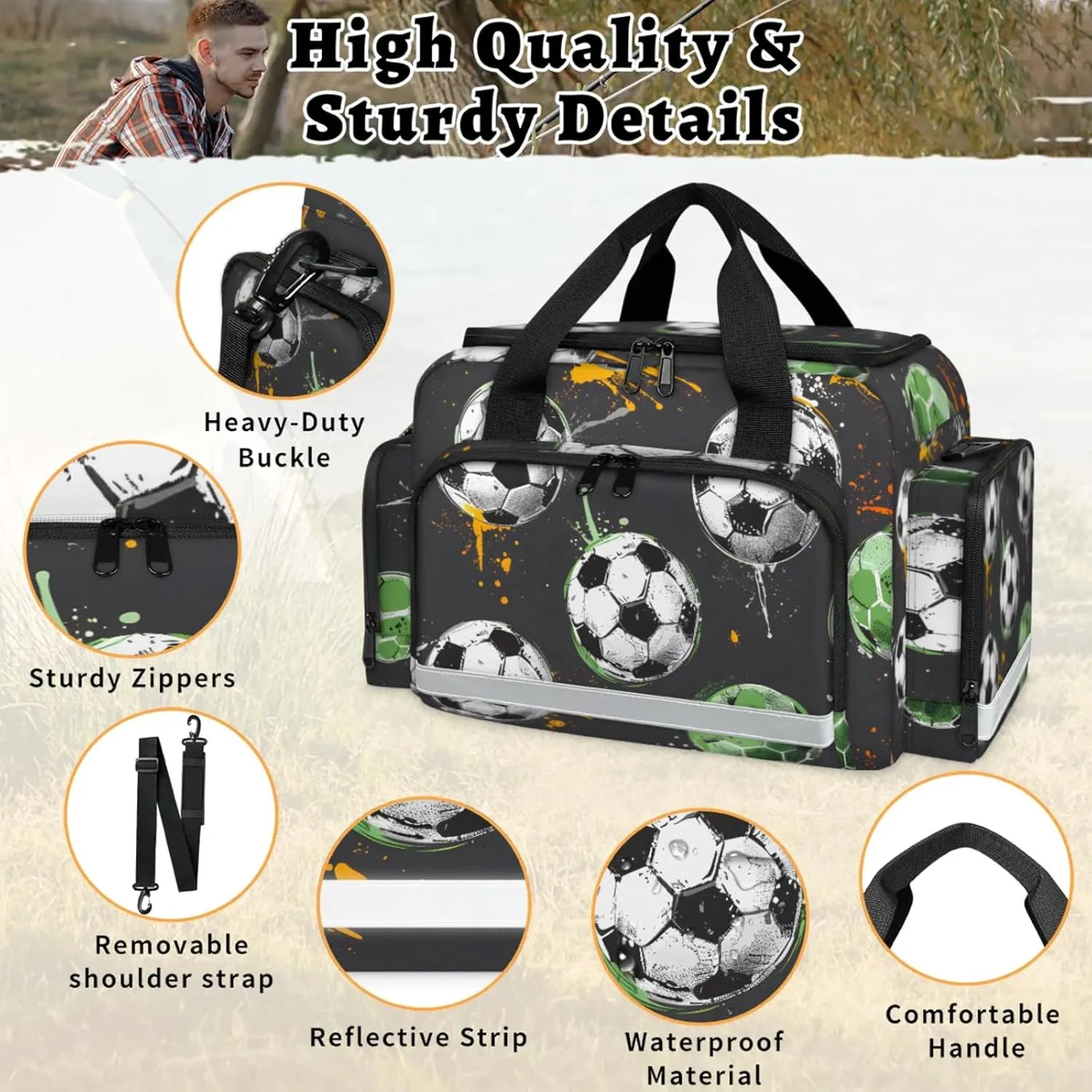 Waterproof Tactical Duffle Bag 25" Carry On Bag for EMT Tear-Resistant Gym Bag with Multi-Pocket & OSHA Reflective Travel Bags for Men Women Soccer Sport Theme
