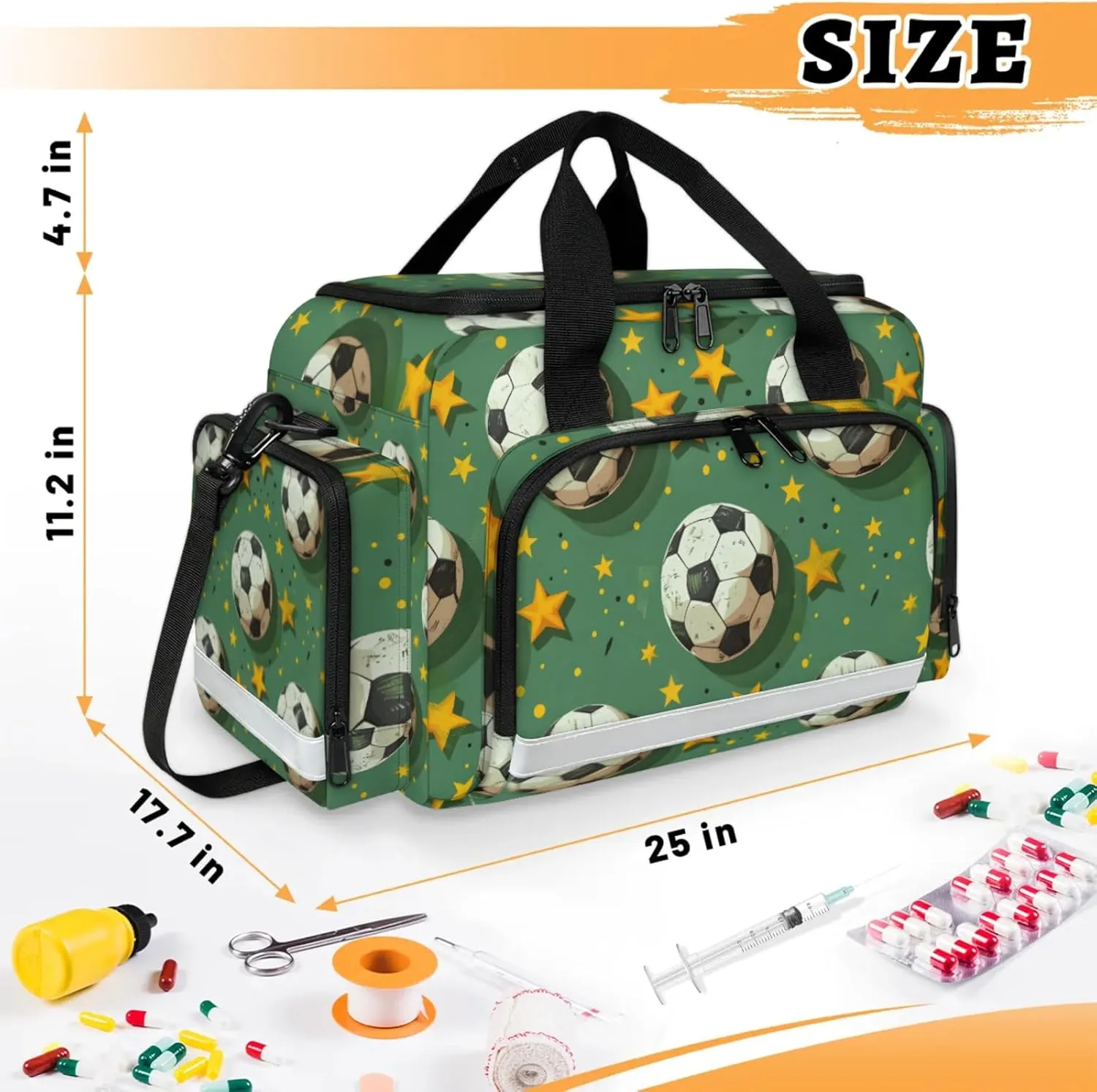 Waterproof Tactical Duffle Bag 25" Carry On Bag for EMT Tear-Resistant Gym Bag with Multi-Pocket & OSHA Reflective Travel Bags for Men Women Soccer Star Print
