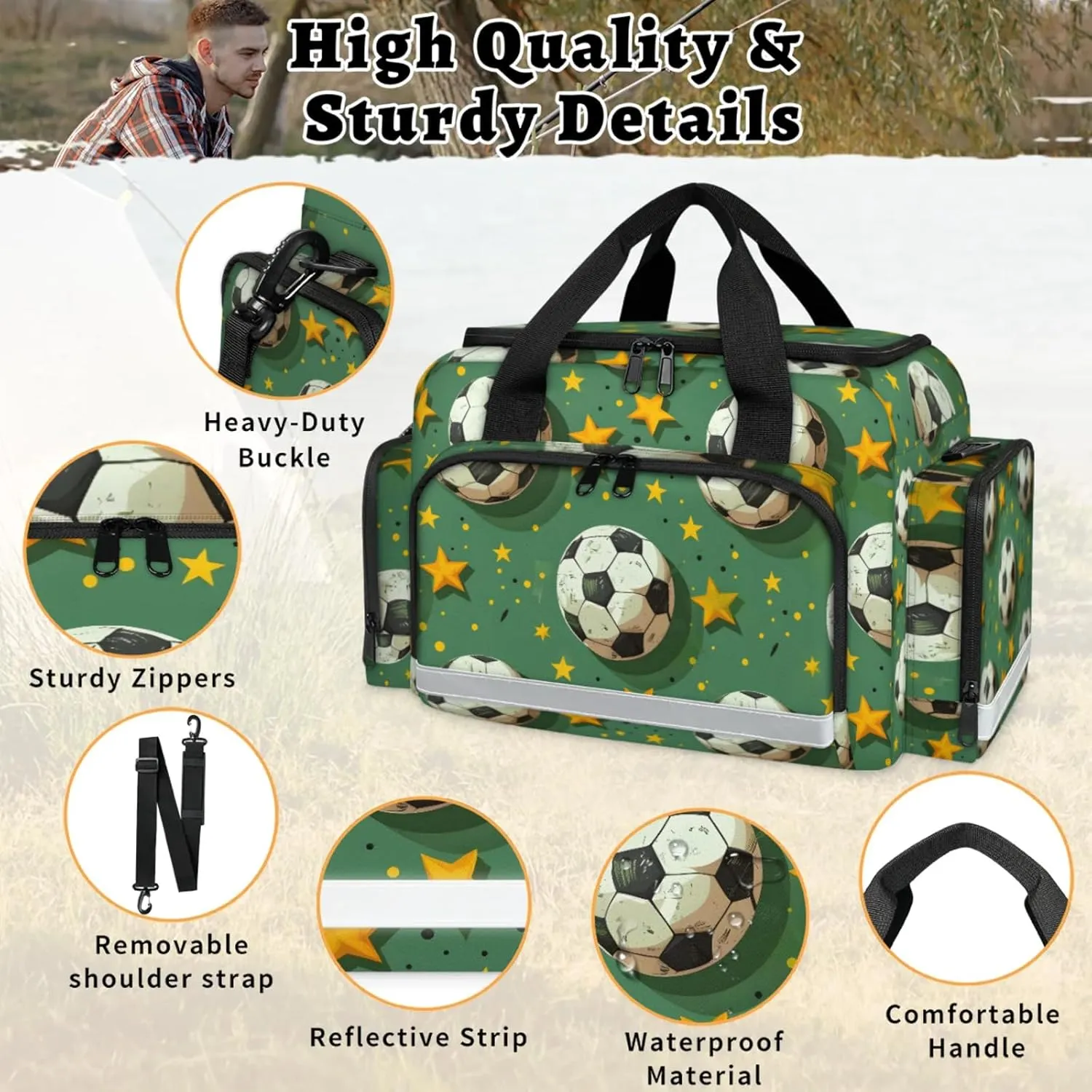 Waterproof Tactical Duffle Bag 25" Carry On Bag for EMT Tear-Resistant Gym Bag with Multi-Pocket & OSHA Reflective Travel Bags for Men Women Soccer Star Print
