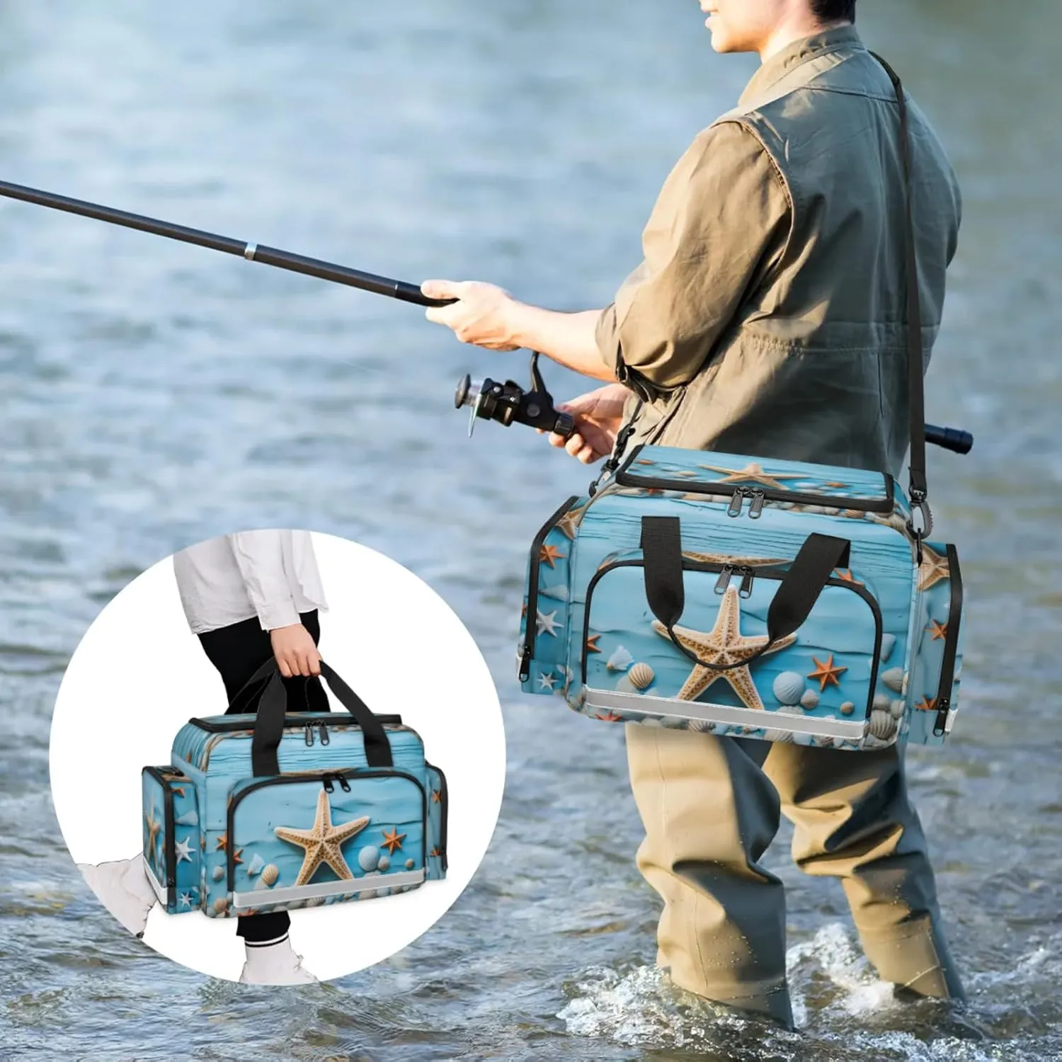 Waterproof Tactical Duffle Bag 25" Carry On Bag for EMT Tear-Resistant Gym Bag with Multi-Pocket & OSHA Reflective Travel Bags for Men Women Starfish Sea Shell