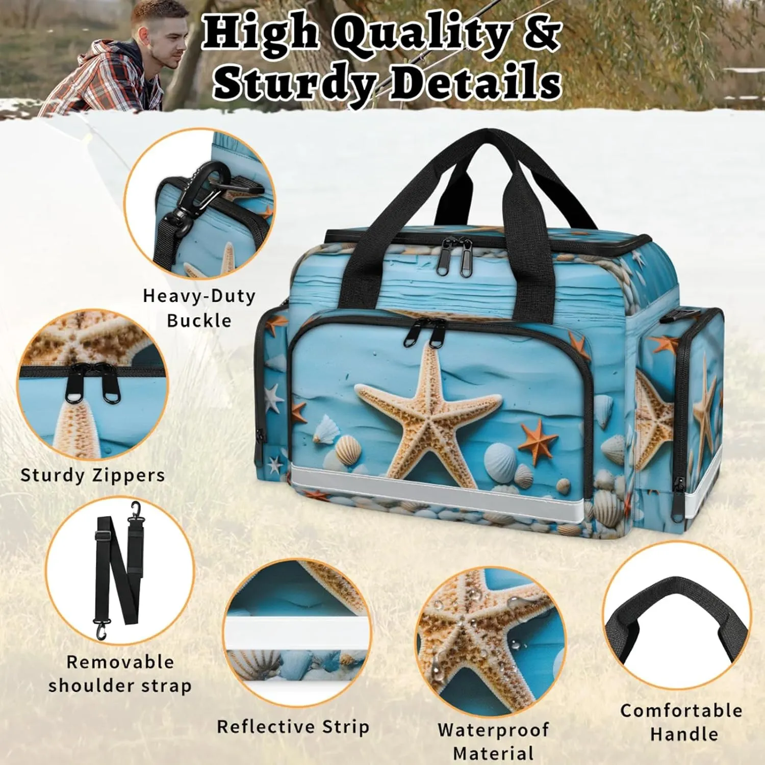 Waterproof Tactical Duffle Bag 25" Carry On Bag for EMT Tear-Resistant Gym Bag with Multi-Pocket & OSHA Reflective Travel Bags for Men Women Starfish Sea Shell