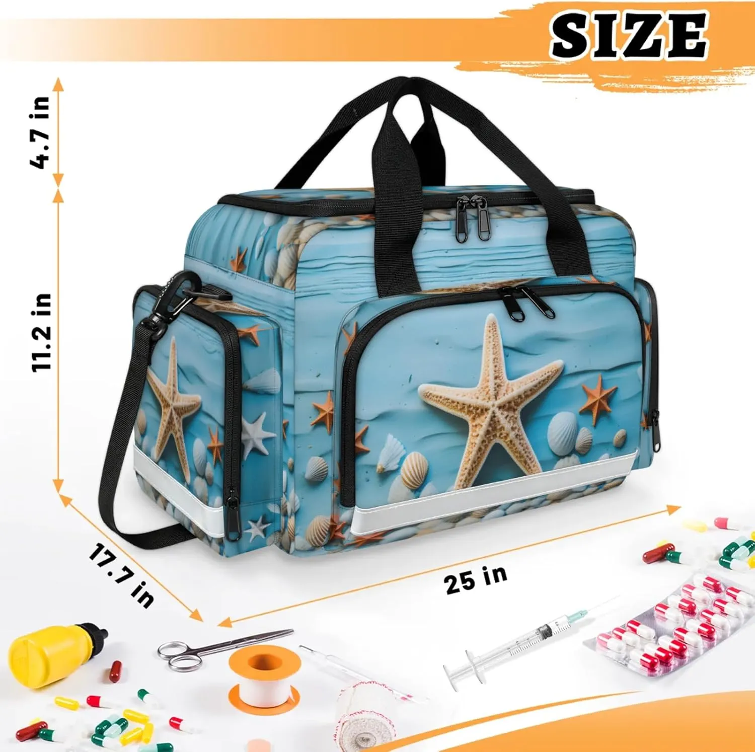 Waterproof Tactical Duffle Bag 25" Carry On Bag for EMT Tear-Resistant Gym Bag with Multi-Pocket & OSHA Reflective Travel Bags for Men Women Starfish Sea Shell