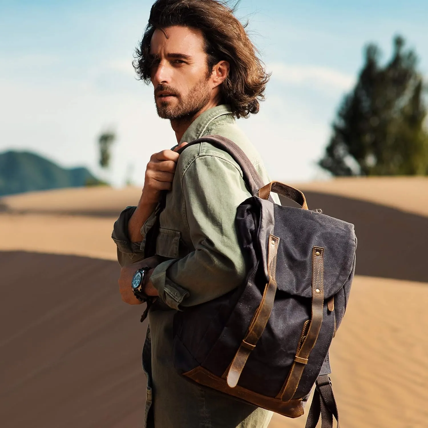 Waterproof Waxed Canvas Shoulder Rucksack Backpack for Men Women Casual Large 15.6 inch laptop Bookbag Grey