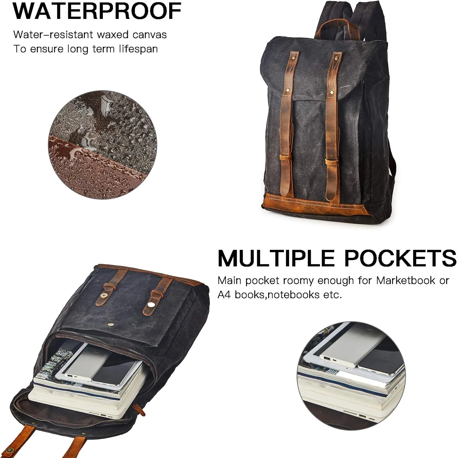 Waterproof Waxed Canvas Shoulder Rucksack Backpack for Men Women Casual Large 15.6 inch laptop Bookbag Grey