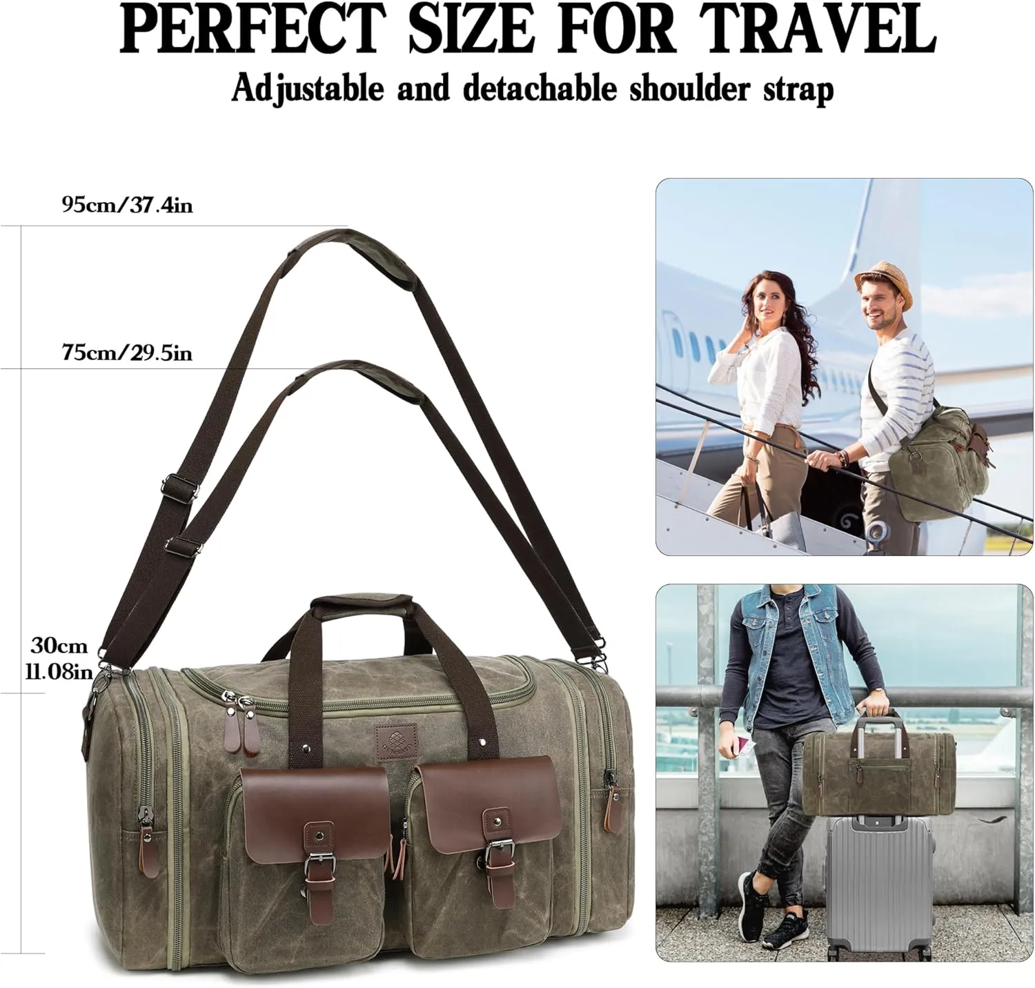 Waxed Canvas Duffle Bag for Men 50L Travel Duffel Bags Expandable Genuine Leather Duffel Overnight Weekender Carry On Bag Two Zipper Pockets Travel Bag (Vintage Grey, Large-50L)
