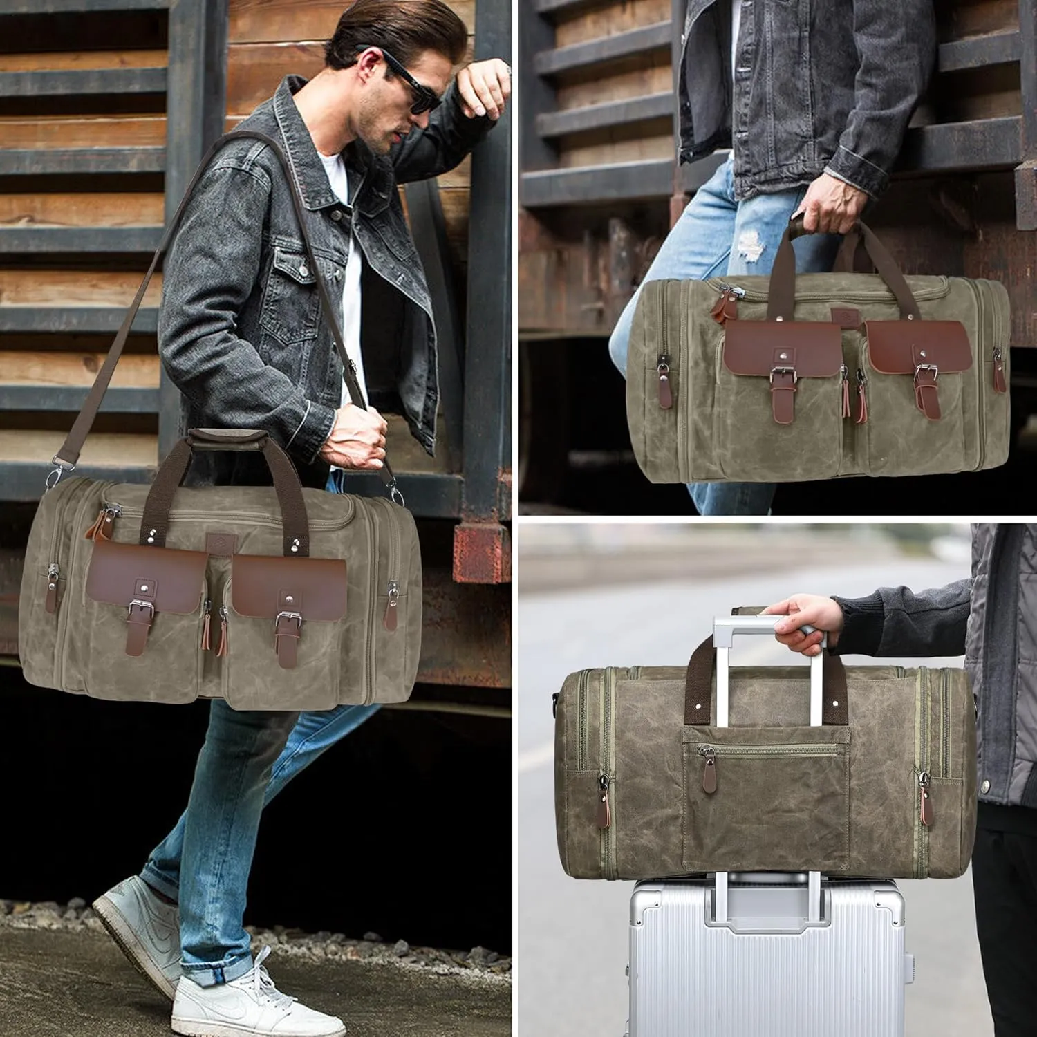 Waxed Canvas Duffle Bag for Men 50L Travel Duffel Bags Expandable Genuine Leather Duffel Overnight Weekender Carry On Bag Two Zipper Pockets Travel Bag (Vintage Grey, Large-50L)