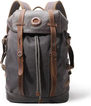 WAY ONE Canvas with Leather Backpack for Men Women,Vintage Backpack Waterproof Rucksack Knapsack Hiking Travel Outdoor,Genuine Leather Laptop Casual Retro Daypack,Grey