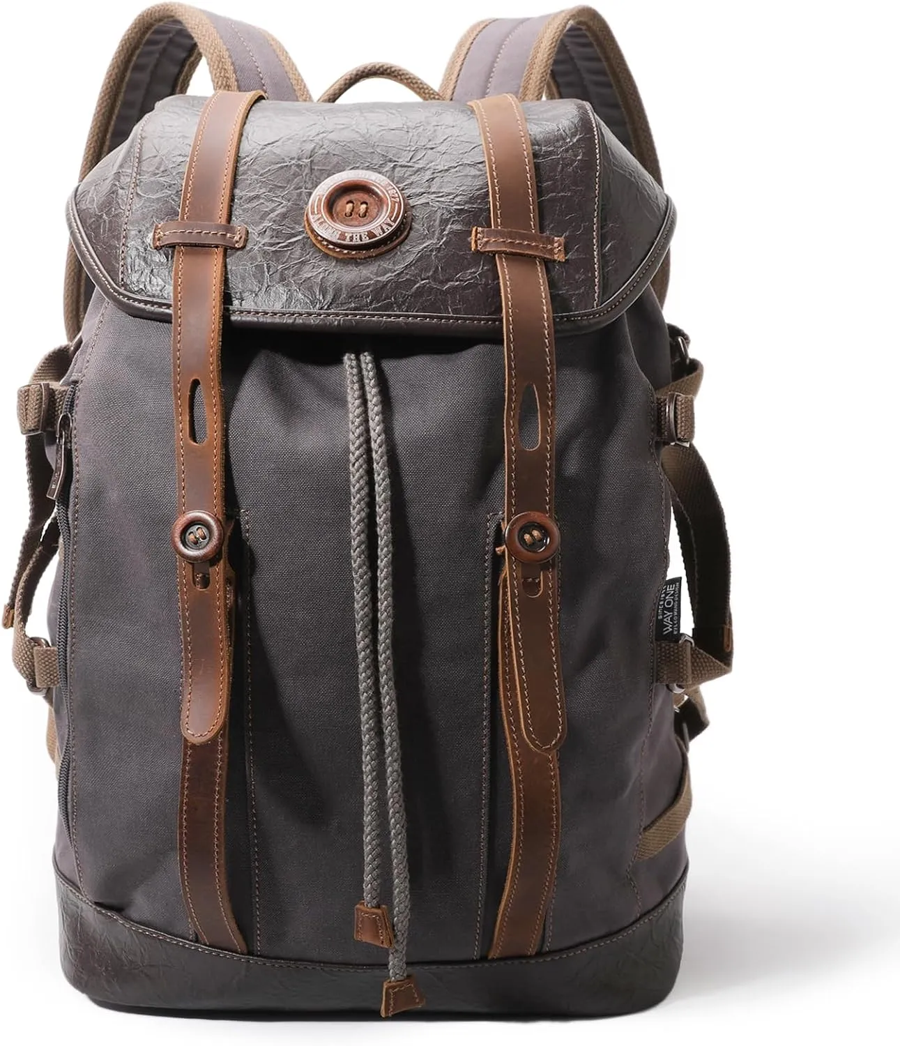WAY ONE Canvas with Leather Backpack for Men Women,Vintage Backpack Waterproof Rucksack Knapsack Hiking Travel Outdoor,Genuine Leather Laptop Casual Retro Daypack,Grey