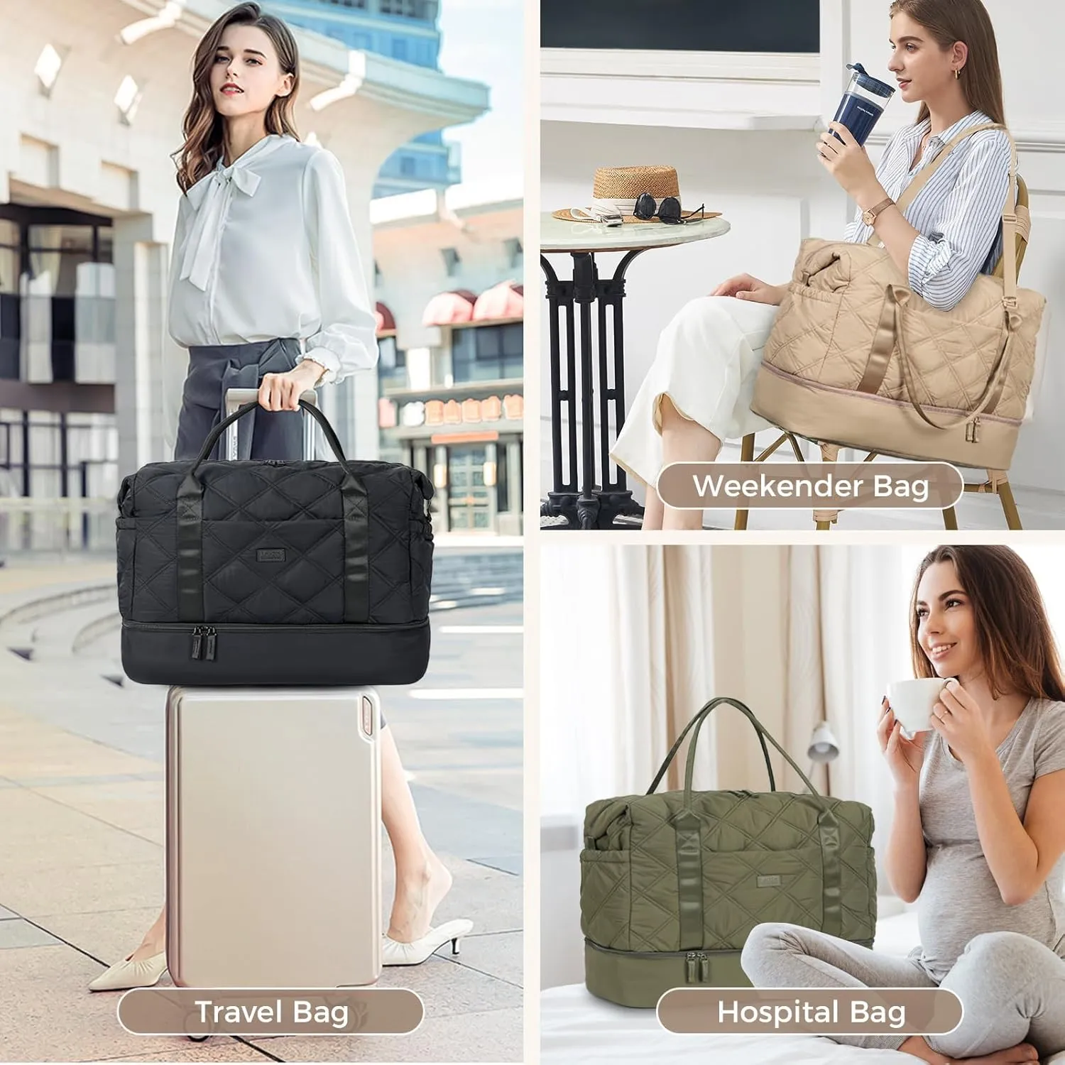 Weekender Bag for Women, Puffer Travel Duffle Bag With Shoes Compartment & Toiletry, Large Carry On Tote for Airplane, Overningt, Bussiness Ttip, Gym (Camel)