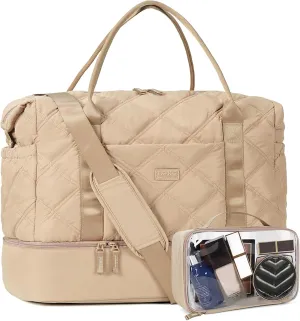 Weekender Bag for Women, Puffer Travel Duffle Bag With Shoes Compartment & Toiletry, Large Carry On Tote for Airplane, Overningt, Bussiness Ttip, Gym (Camel)