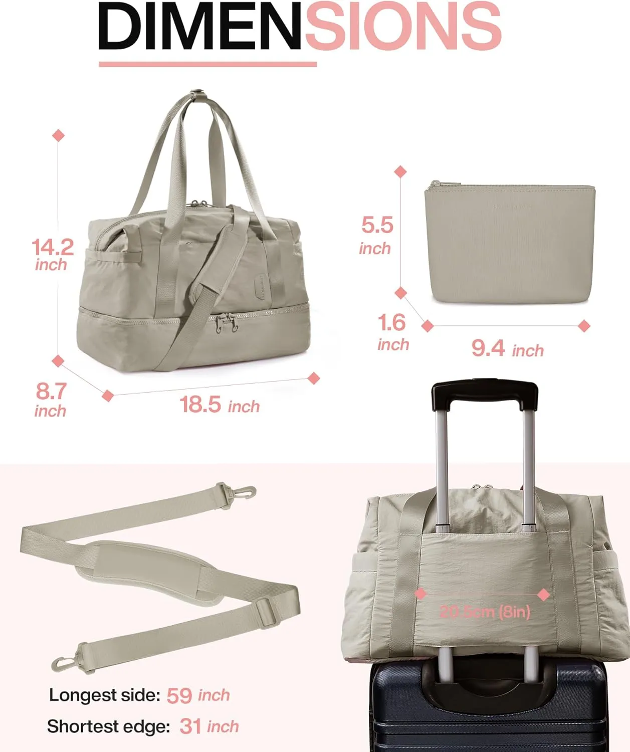 Weekender Bags for Women, BAGSMART Travel Duffel Bags with Shoe Compartment,Personal Item Travel Bag for Airlines, Carry on Overnight Tote Bag with Toiletry Bag(Beige,2pcs)