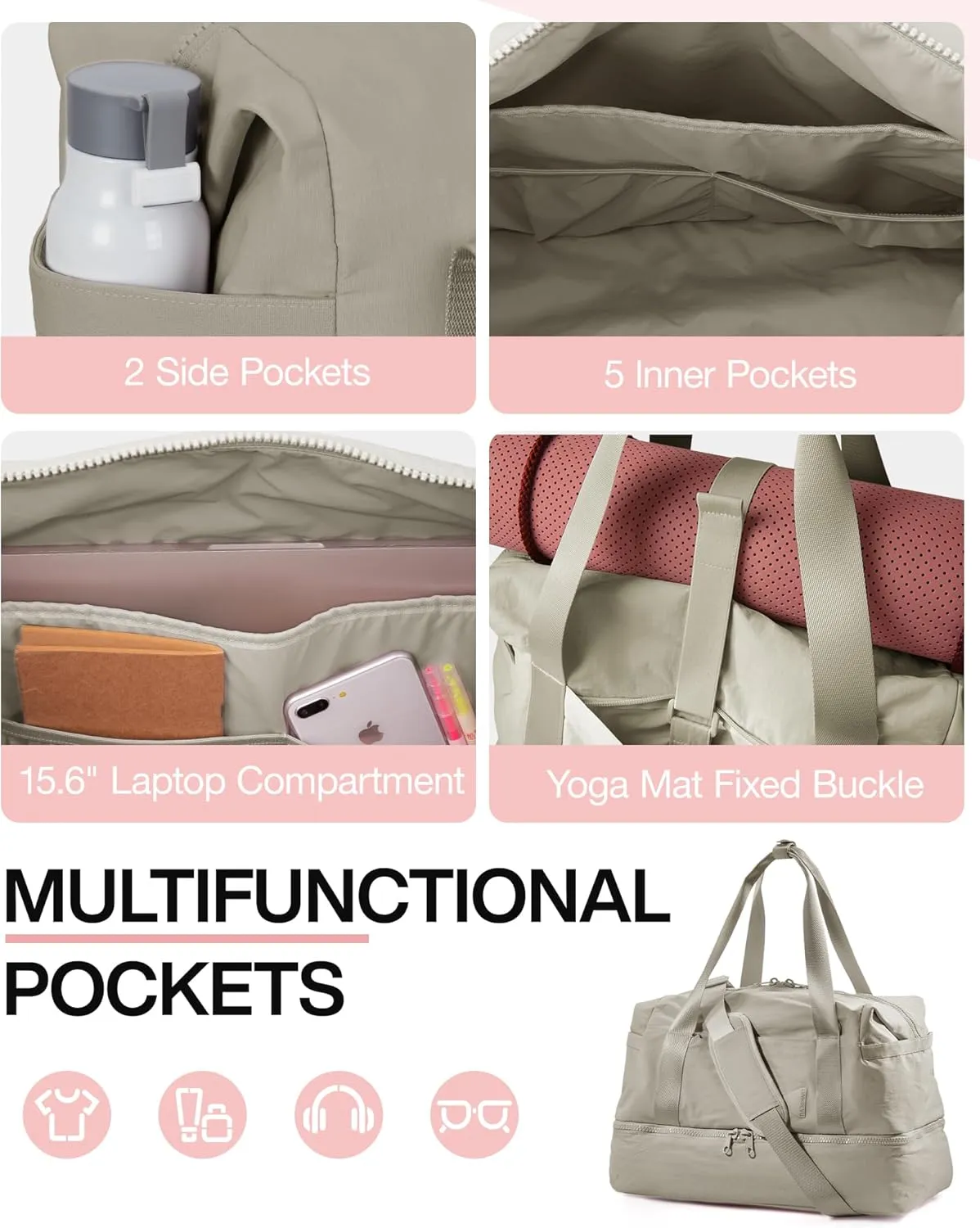 Weekender Bags for Women, BAGSMART Travel Duffel Bags with Shoe Compartment,Personal Item Travel Bag for Airlines, Carry on Overnight Tote Bag with Toiletry Bag(Beige,2pcs)