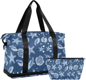 Weekender Overnight Bags for Women Seashells Starfish Travel Duffel Bag with Shoe Compartments Seafood Gym Duffel Bag with Toiletry Bag for Travel Sport Yoga 17 Inch