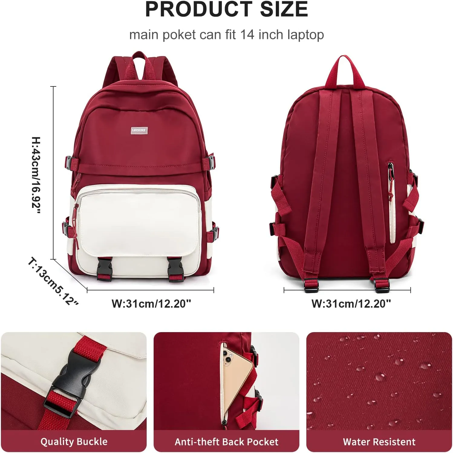 weradar Middle School Backpack For Teen Girls,Cute College Backpack For Women Men,Waterproof Travel Rucksack Casual Daypack,High School Bookbags Boy,Kawaii Students Backpacks(Red)