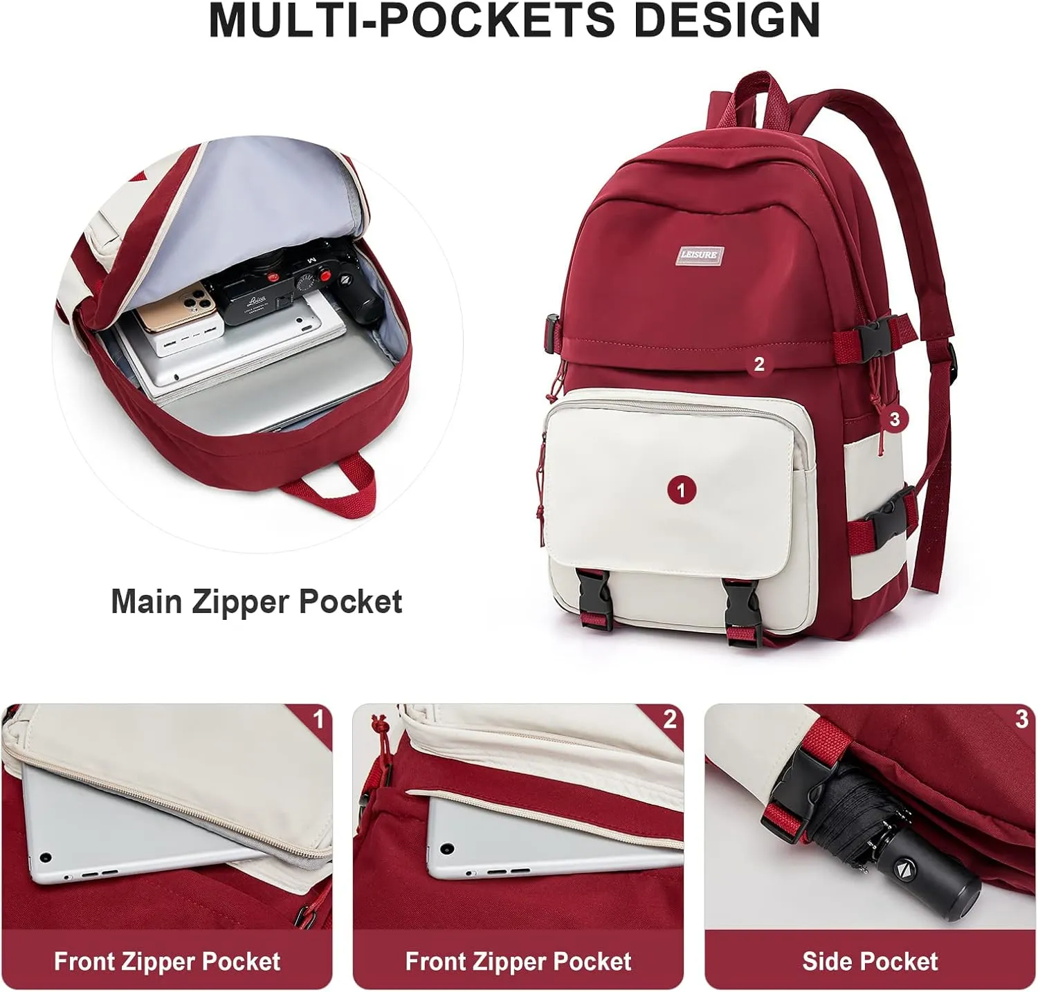 weradar Middle School Backpack For Teen Girls,Cute College Backpack For Women Men,Waterproof Travel Rucksack Casual Daypack,High School Bookbags Boy,Kawaii Students Backpacks(Red)