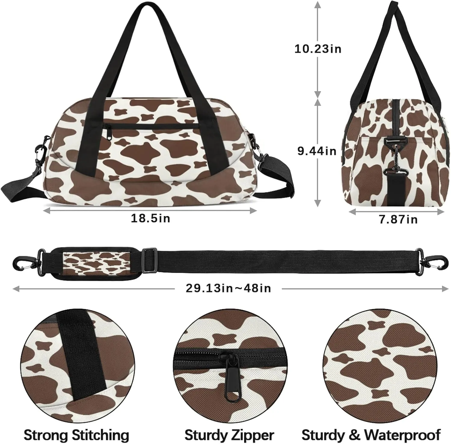 Western Cow Print Brown Kids Duffel Bag Lightweight Waterproof Sports Gym Bag with Front Zipper Pocket Foldable Weekender Overnight Bag for School Practice Gymnastic Ballet