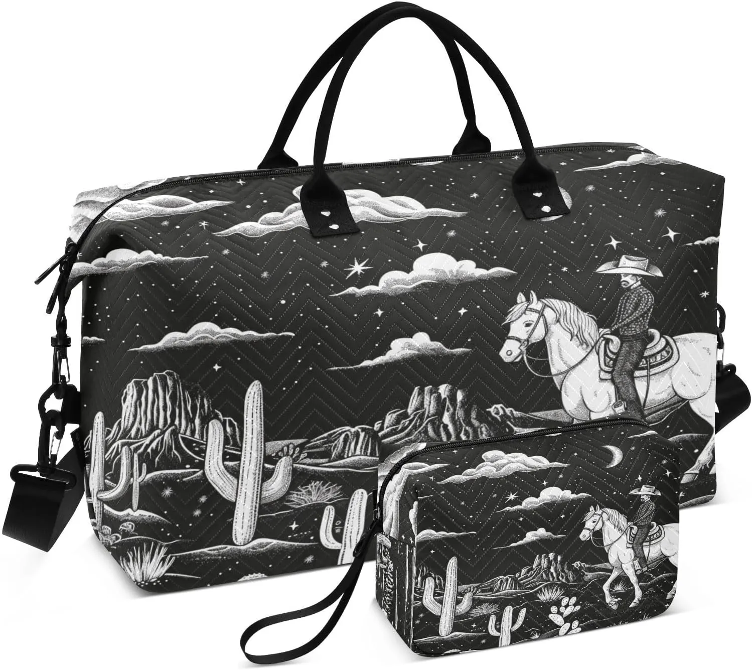 Western Desert Horseback Riding Quilted Weekender Travel Bag with Toiletry Bag Gym Tote Handbag Carry On Duffel Bags-2Pack