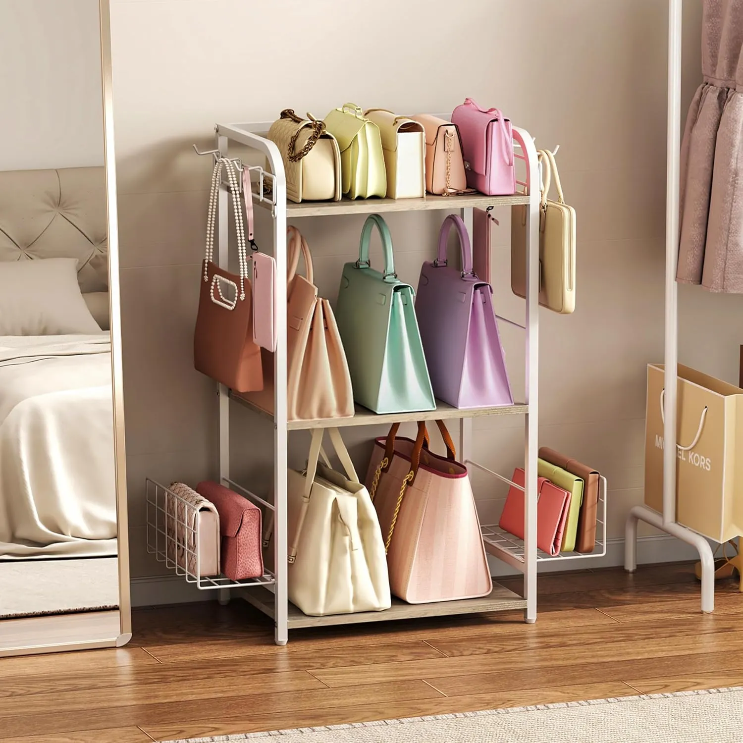 White Purse Organizer, 3-Tier Floor Standing Bag Rack Stand Featuring Side Hooks and Baskets, Adjustable Feets, High Capacity Metal & Wood Handbag Holder Design for Closet Storage, Patent Pending
