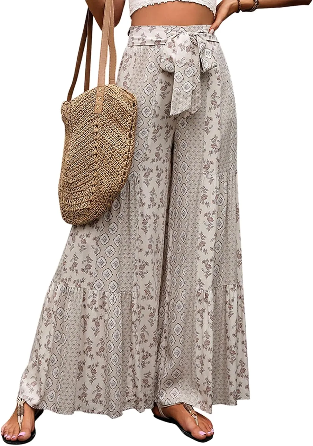 Wide Leg Palazzo Pants for Women Casual Soft High Waisted Boho Print Pants Loose Comfort Stretch Pants