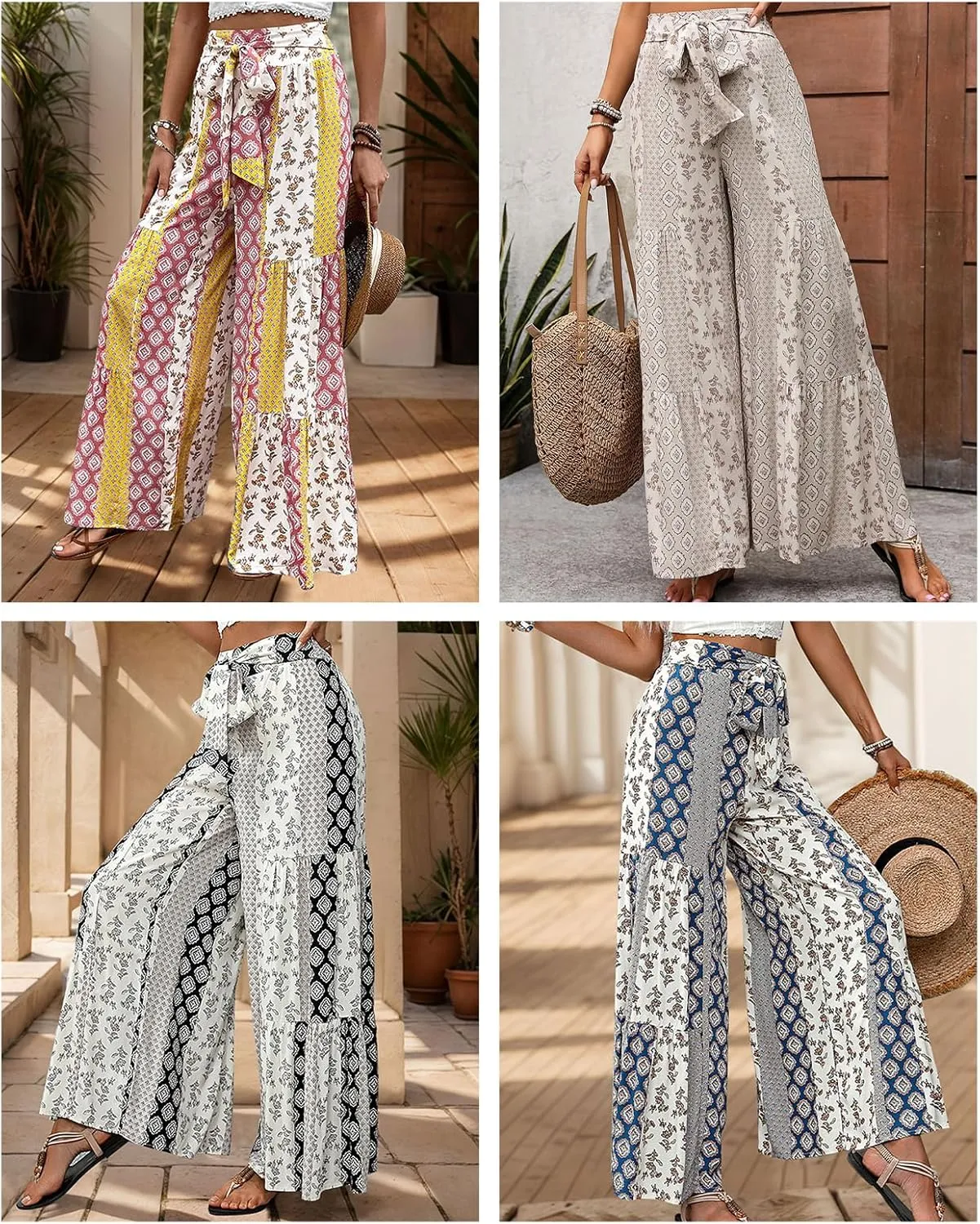 Wide Leg Palazzo Pants for Women Casual Soft High Waisted Boho Print Pants Loose Comfort Stretch Pants