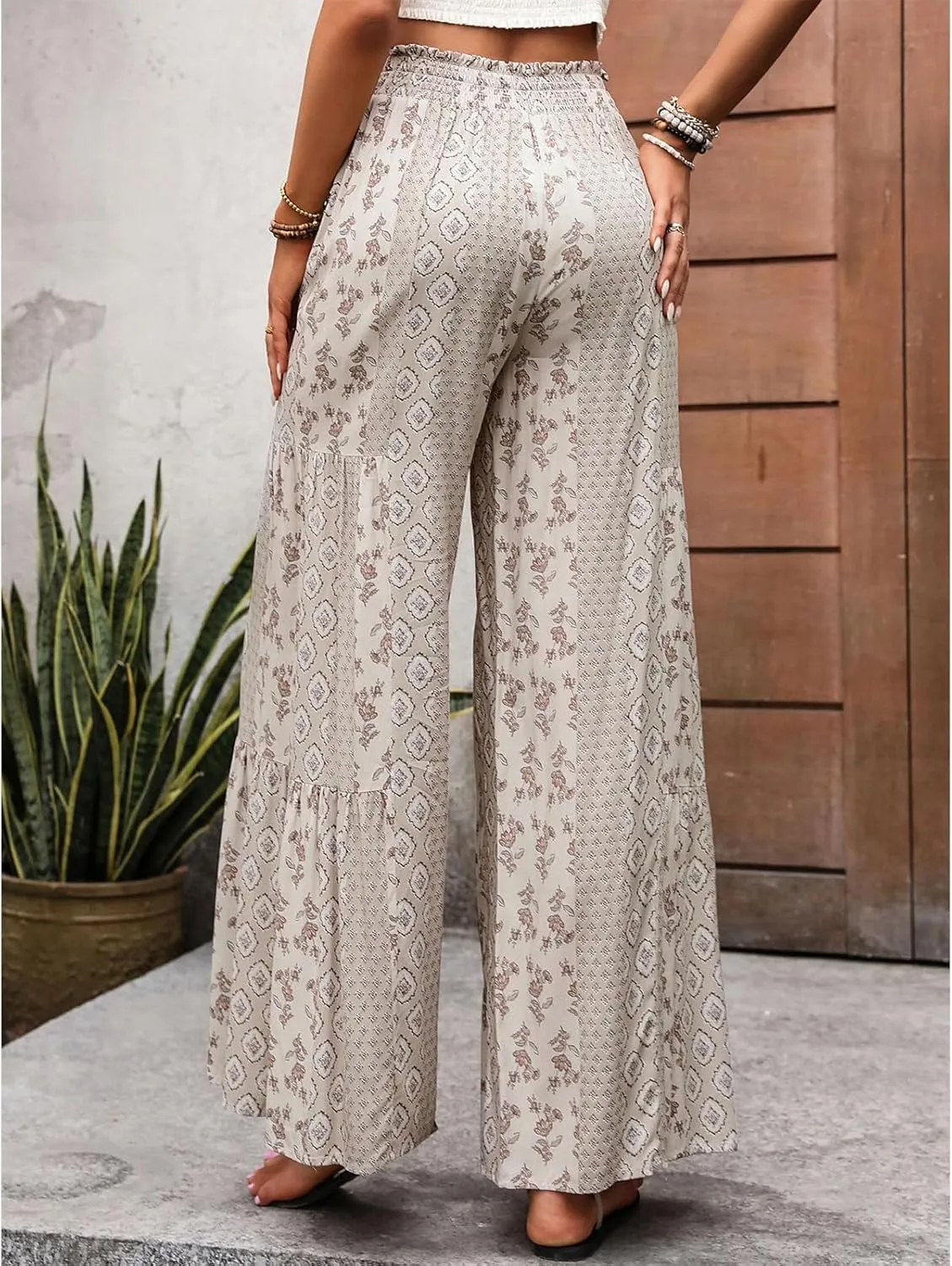 Wide Leg Palazzo Pants for Women Casual Soft High Waisted Boho Print Pants Loose Comfort Stretch Pants
