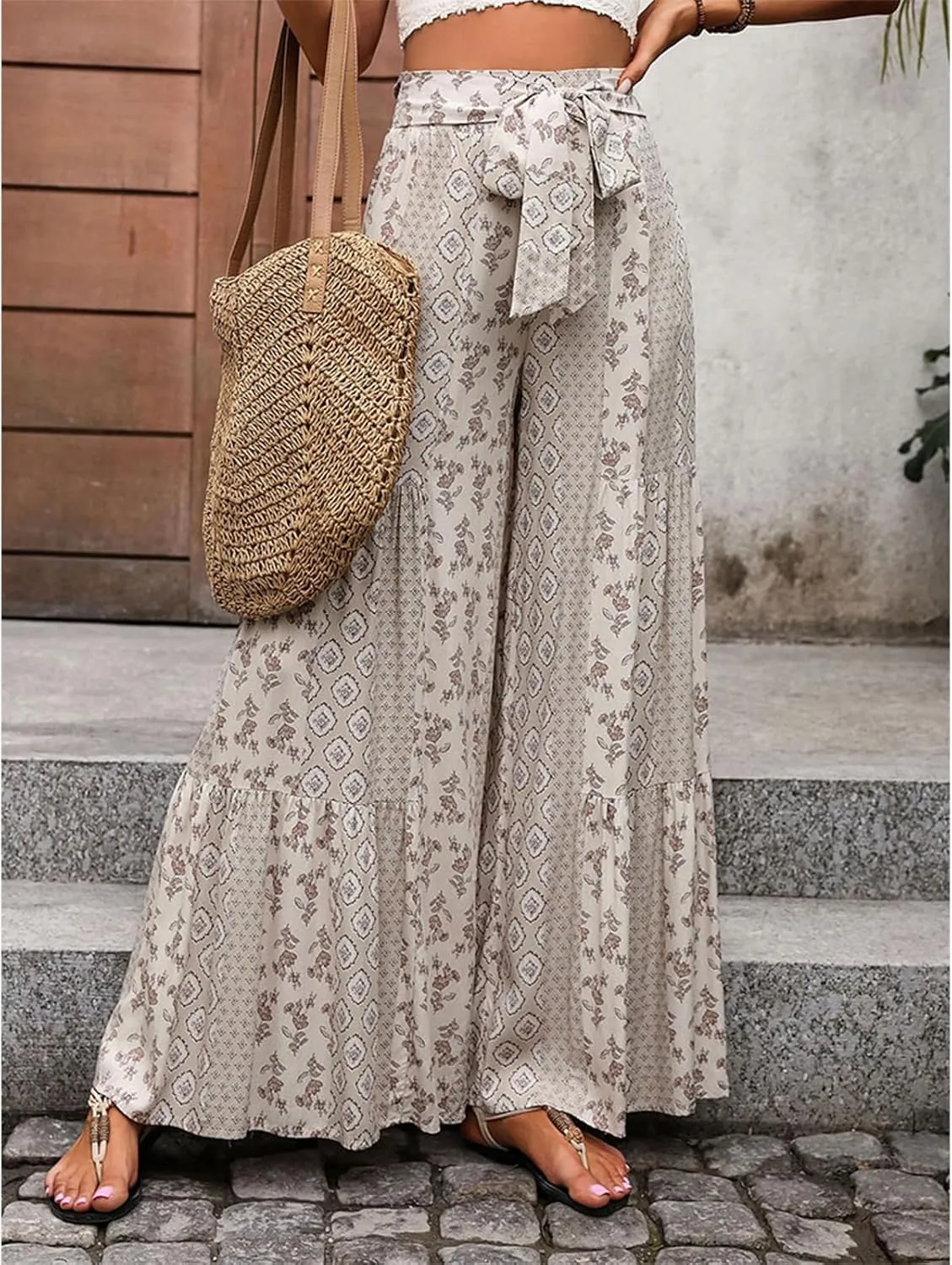 Wide Leg Palazzo Pants for Women Casual Soft High Waisted Boho Print Pants Loose Comfort Stretch Pants