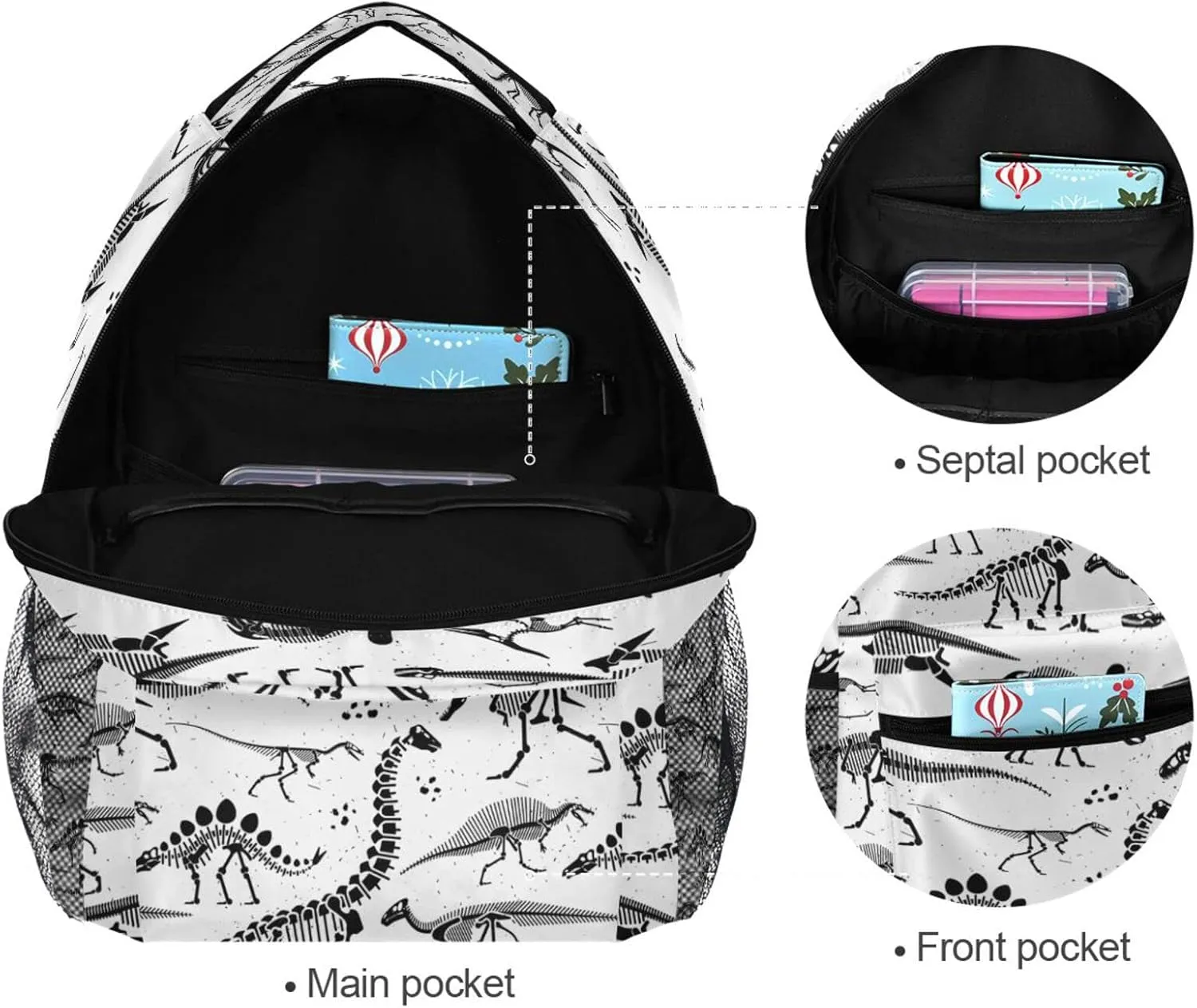 WIHVE Dinosaur School Backpack Black Dinosaur Skeleton Bookbag Travel Ruckack One_Size