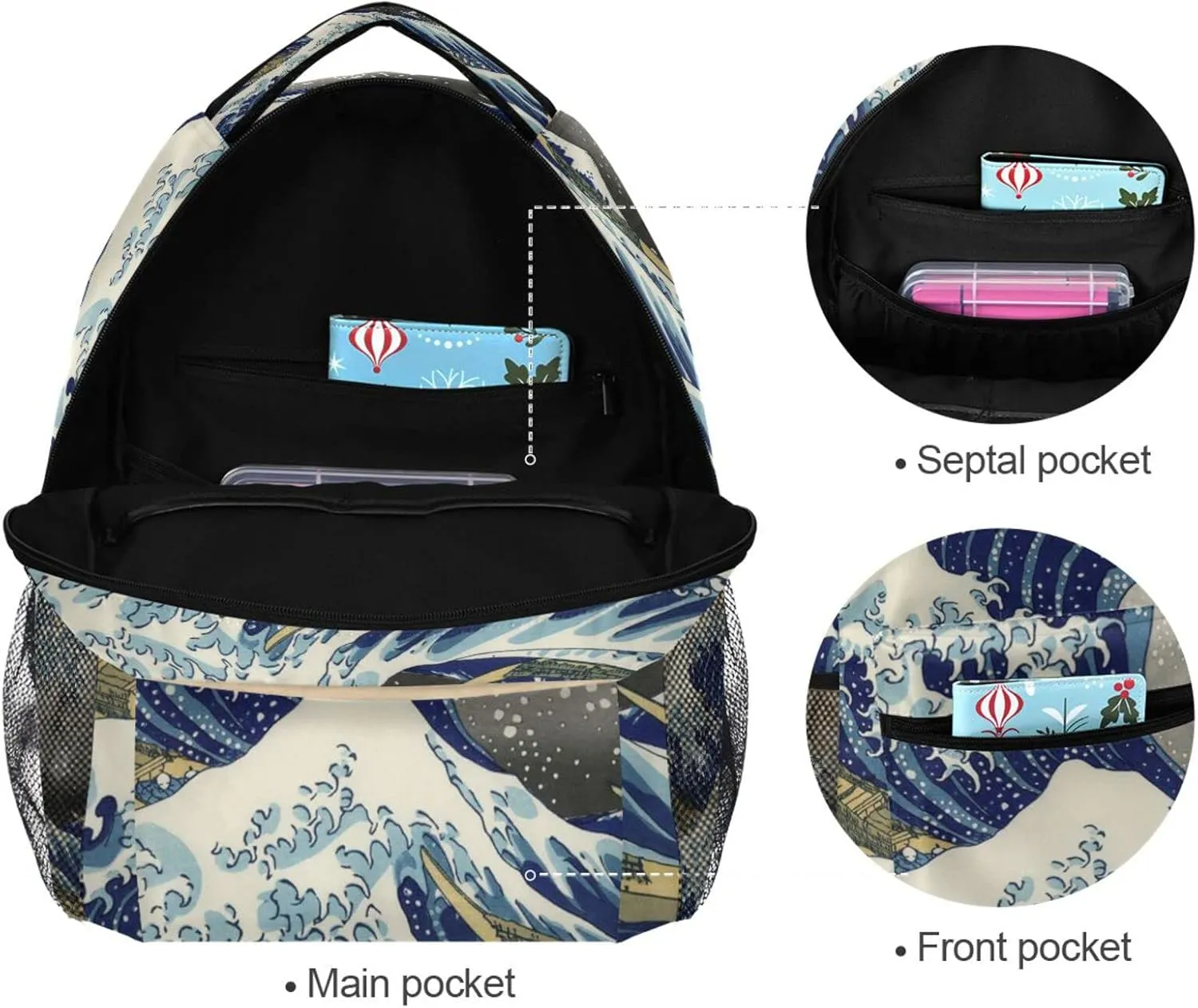 WIHVE School Backpack Great Wave Kanagawa Bookbag Travel Ruckack One_Size