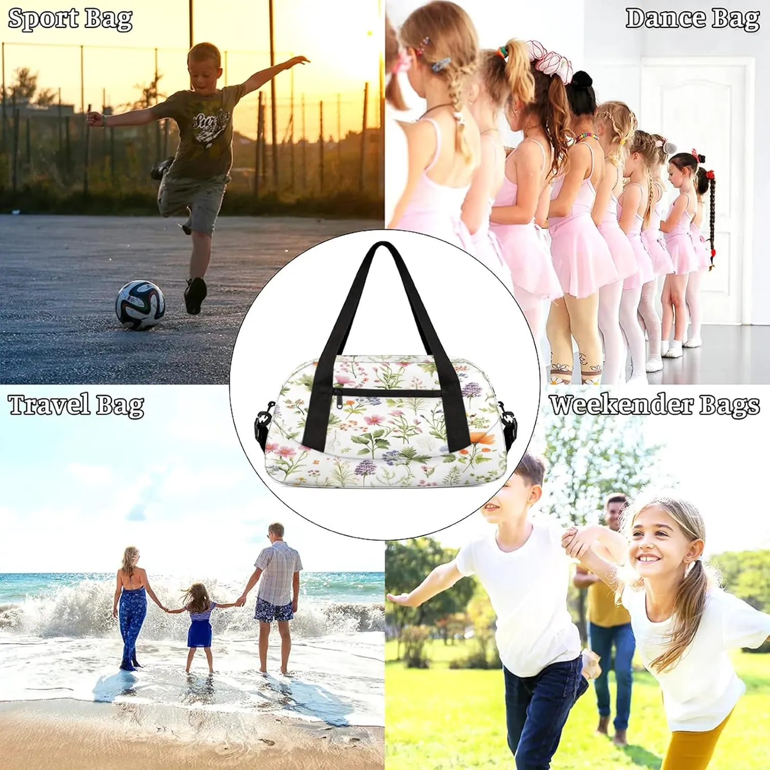 Wildflower Botanical Kids Duffel Bag Lightweight Waterproof Sports Gym Bag with Front Zipper Pocket Foldable Weekender Overnight Bag for School Practice Gymnastic Ballet