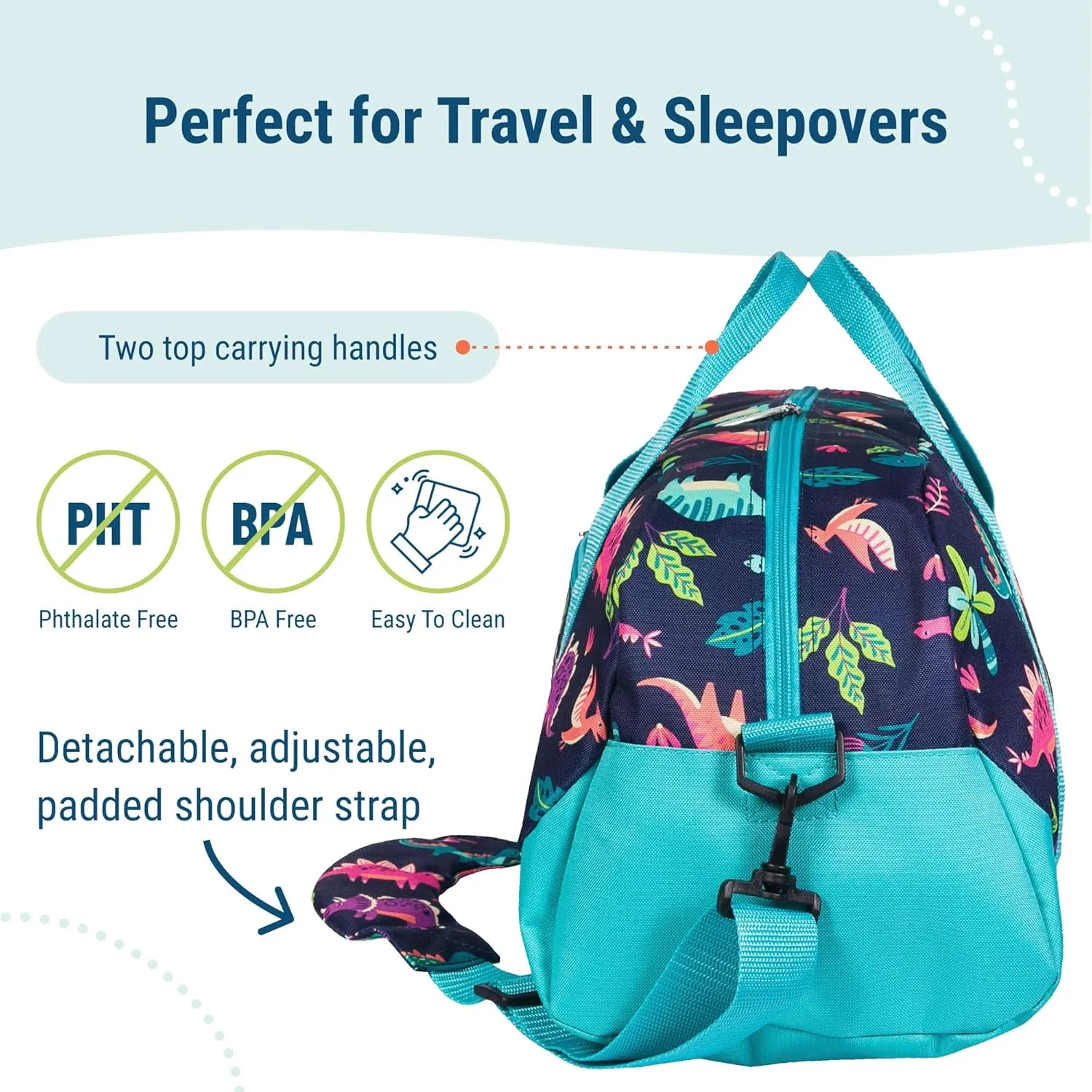 Wildkin Kids Overnighter Duffel Bag – Carry-On Size, Ideal for School & Sleepovers – Darling Dinosaurs